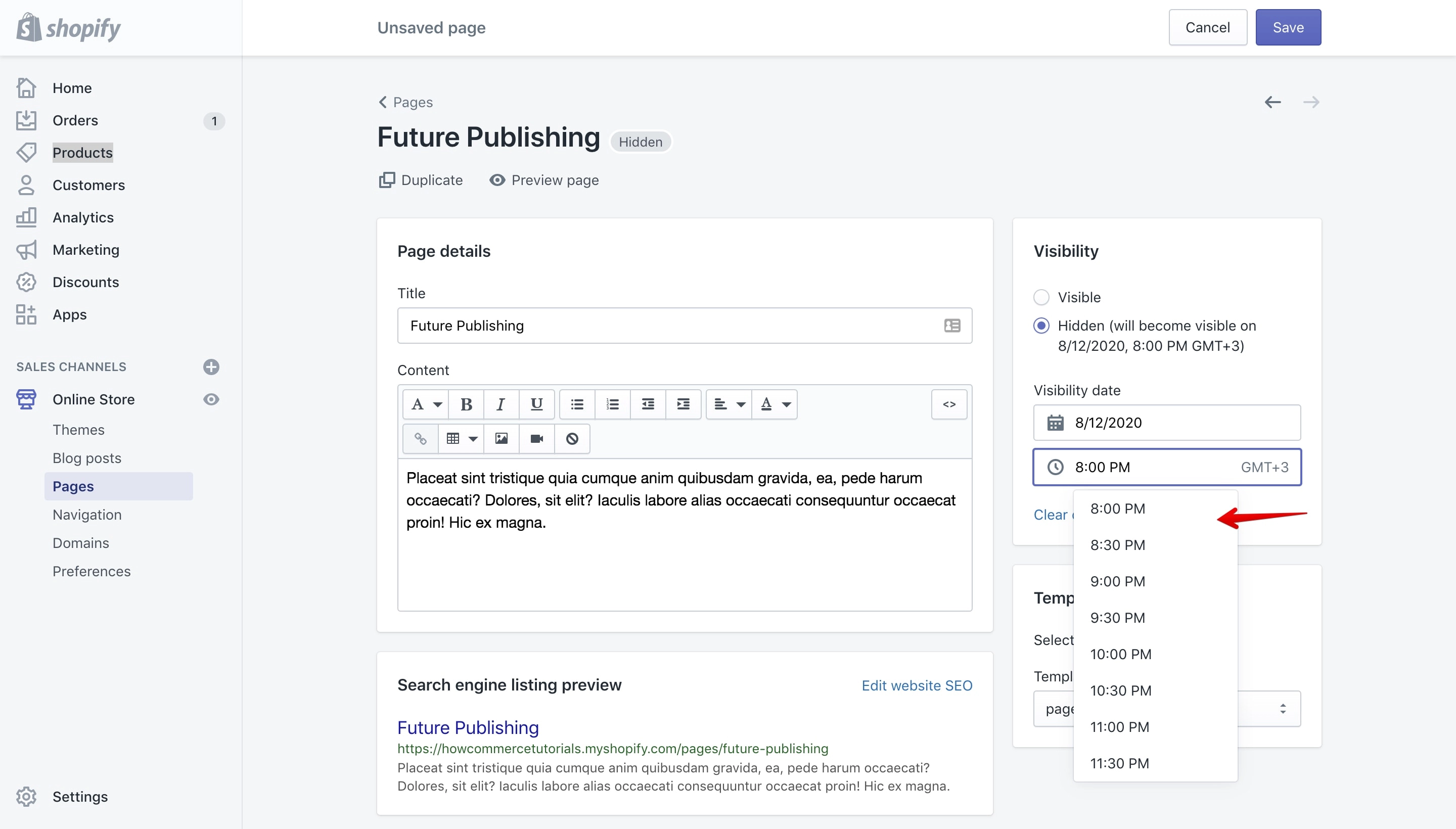 Page future publishing time setup.