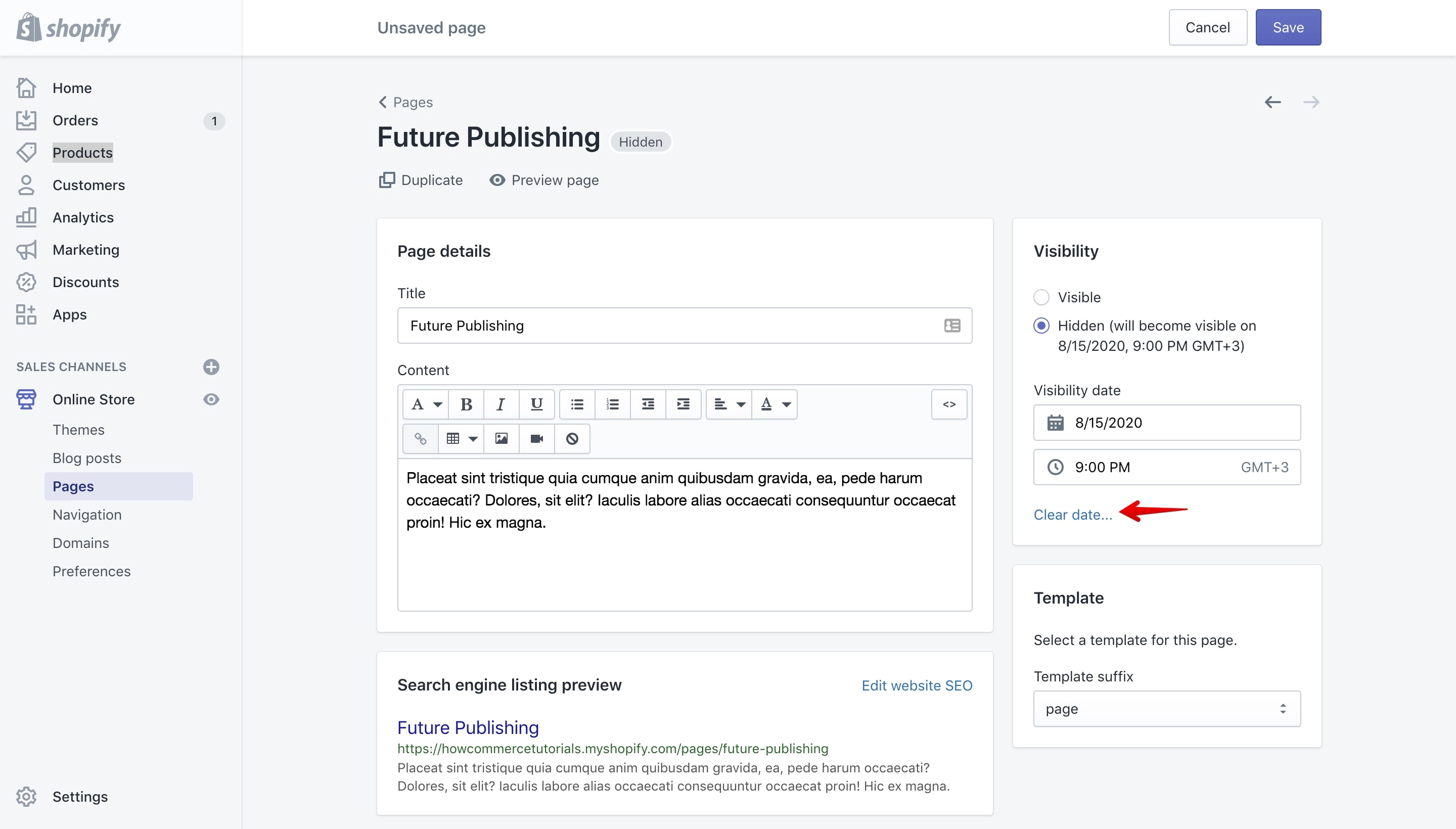 Page future publishing date & time removal.