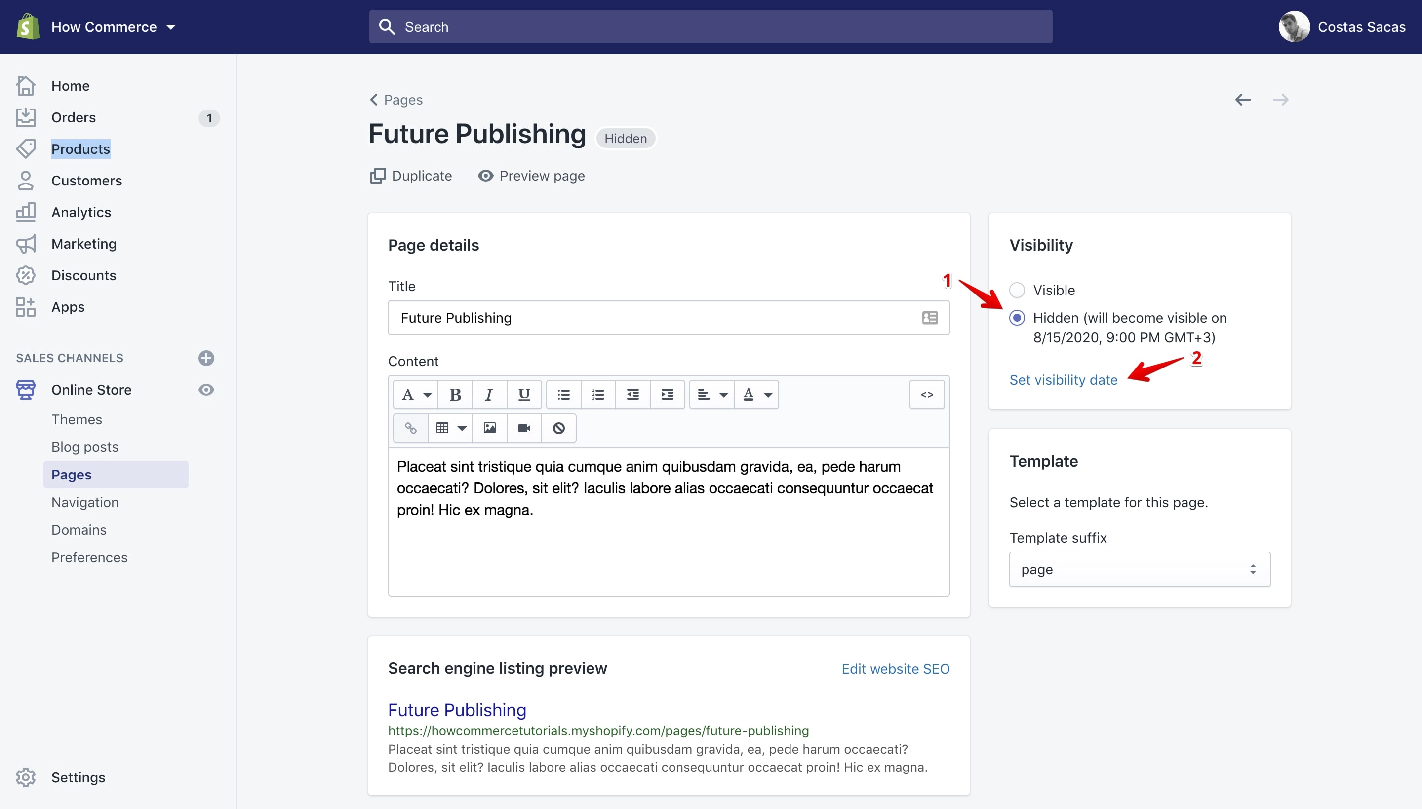 Page future publishing date & time and the link that allows you to change the settings.