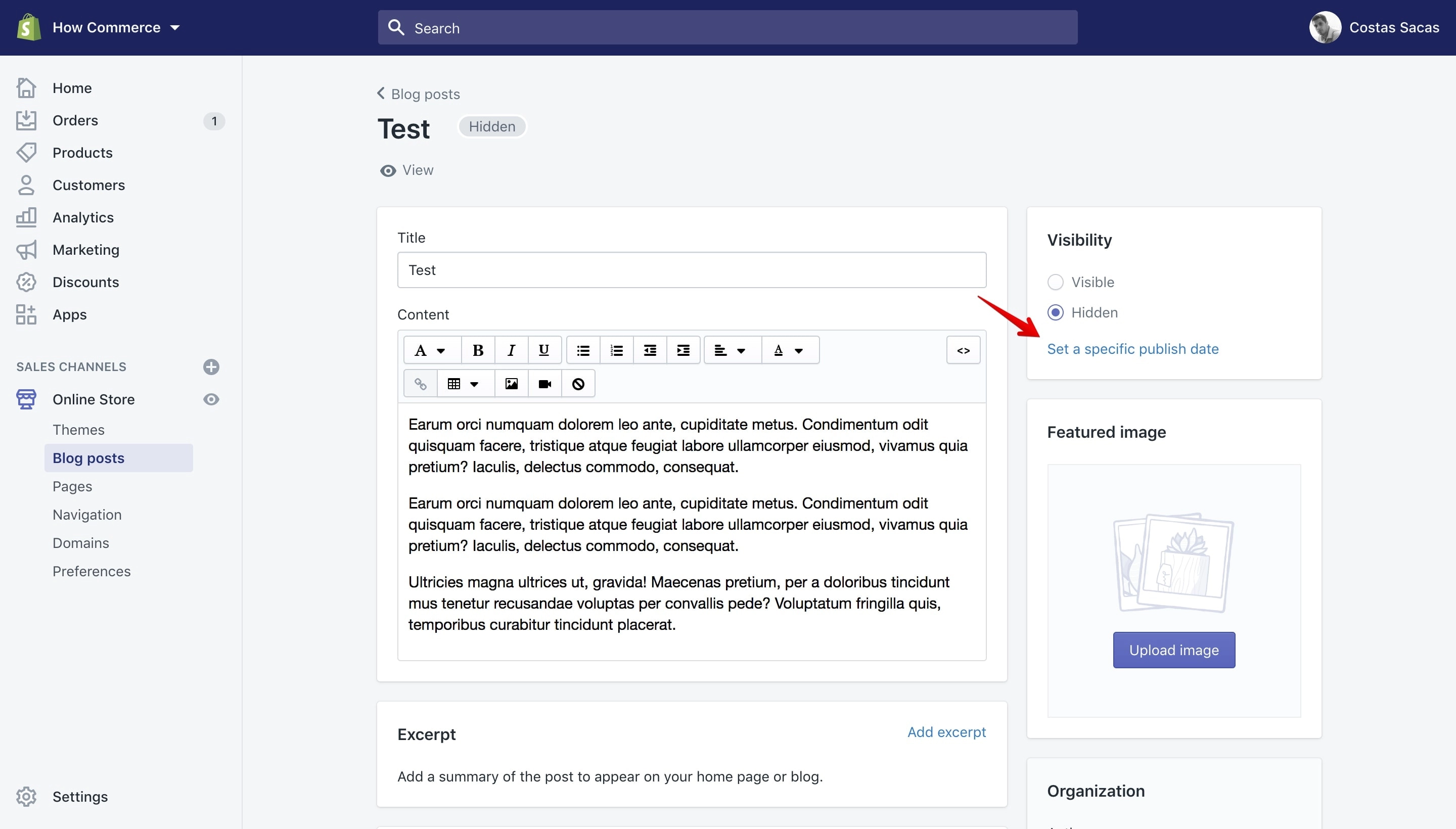 The Set a secific publish date option.