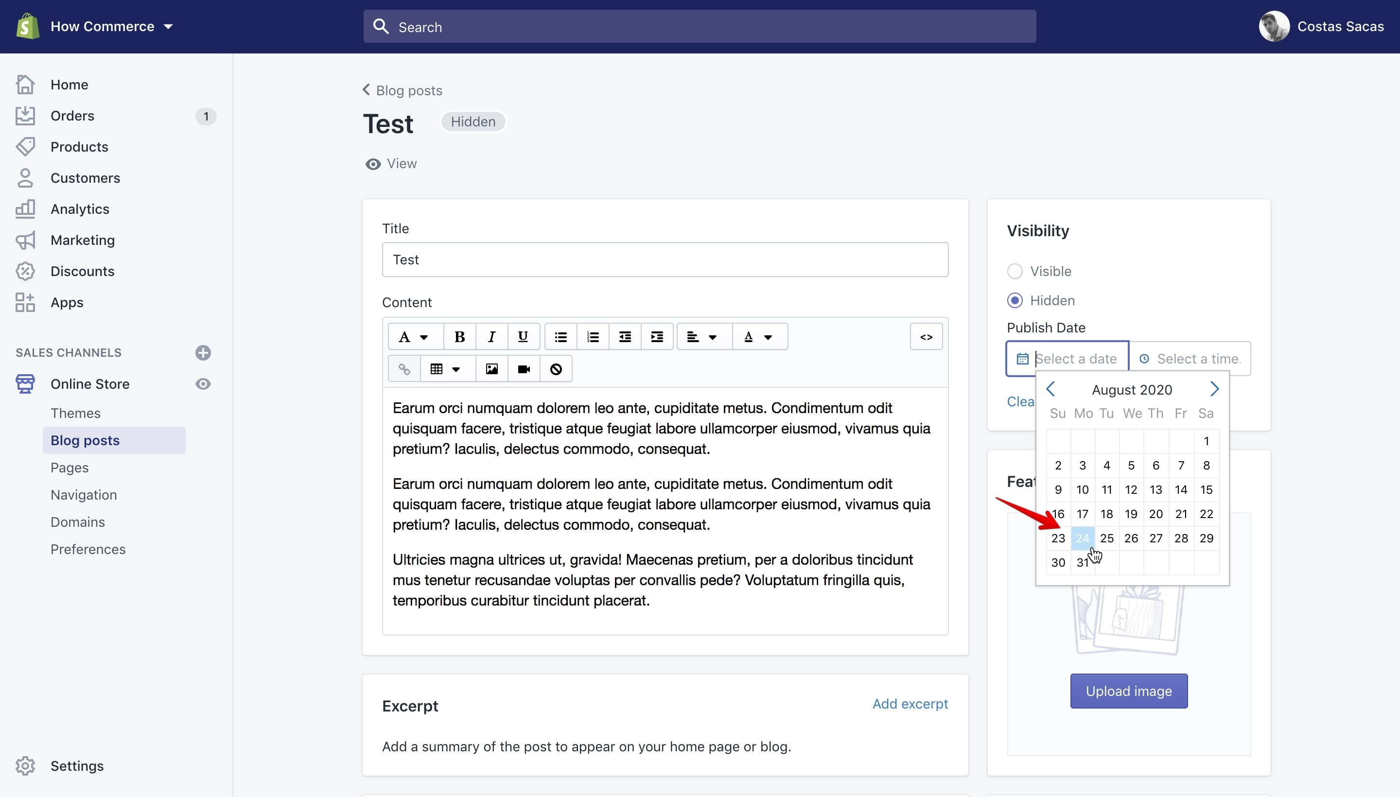 Blog post future publishing date setup.