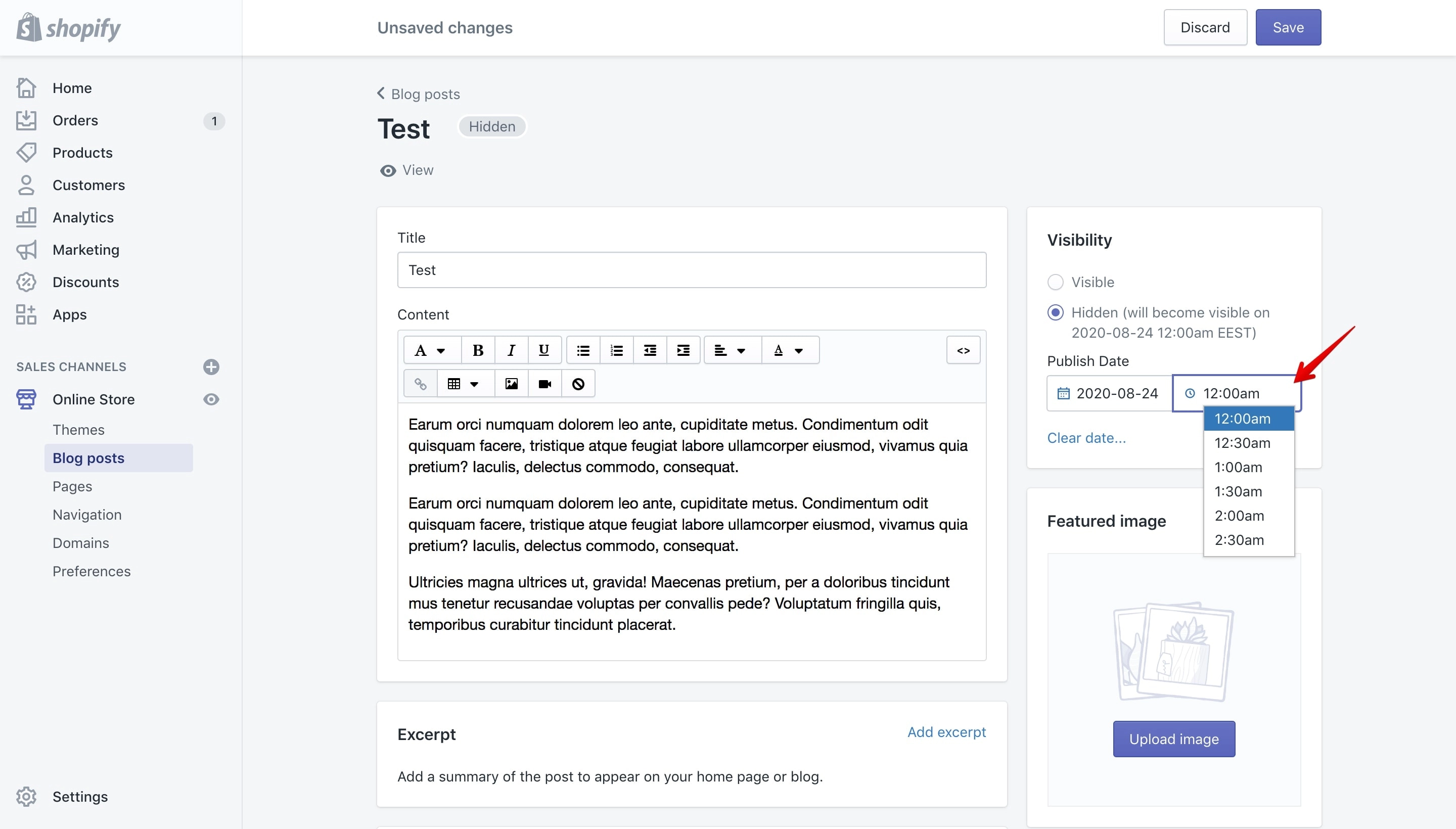 Blog post future publishing time setup.