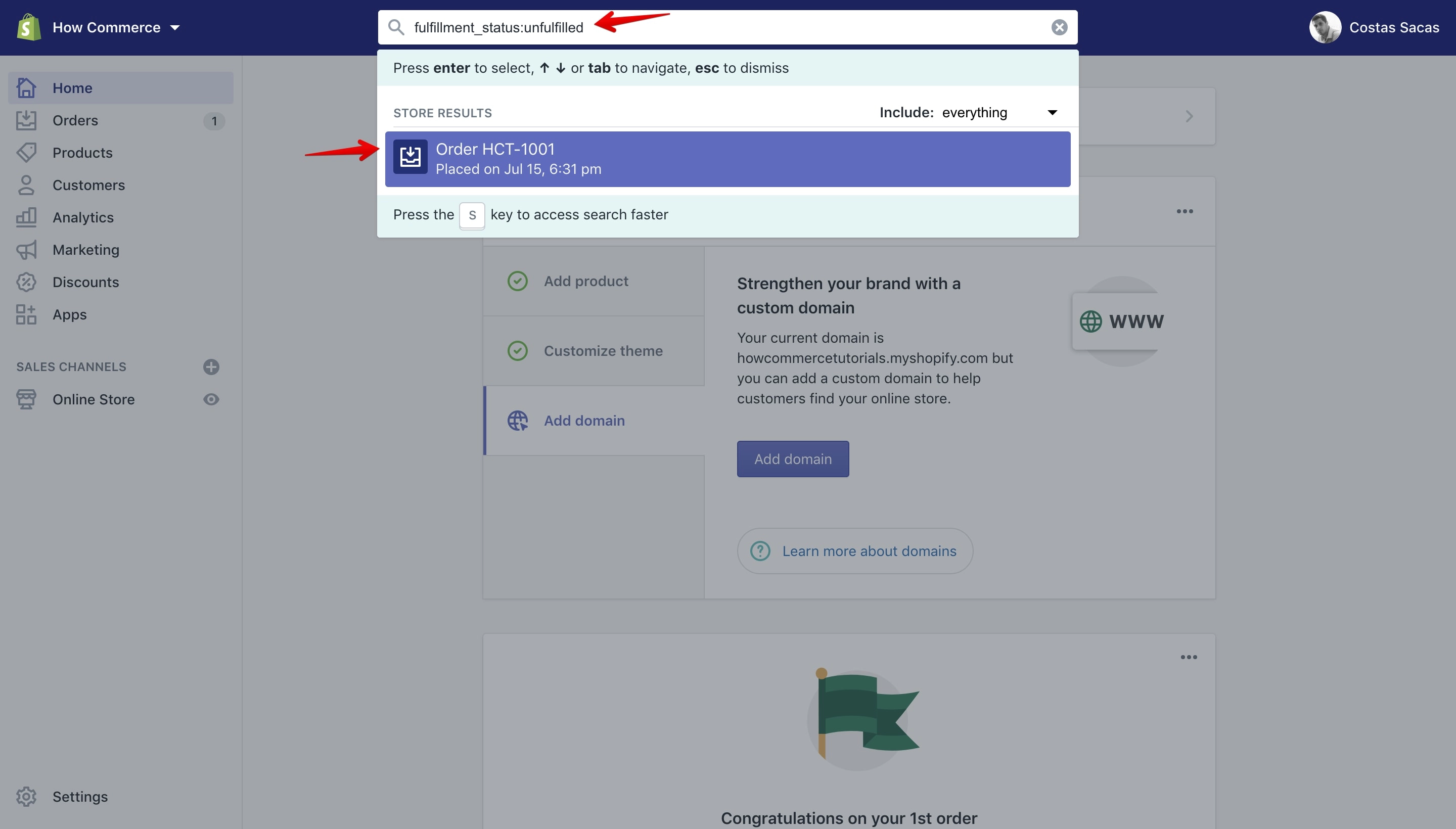 Search query to search for unfulfilled orders in Shopify dashboard.