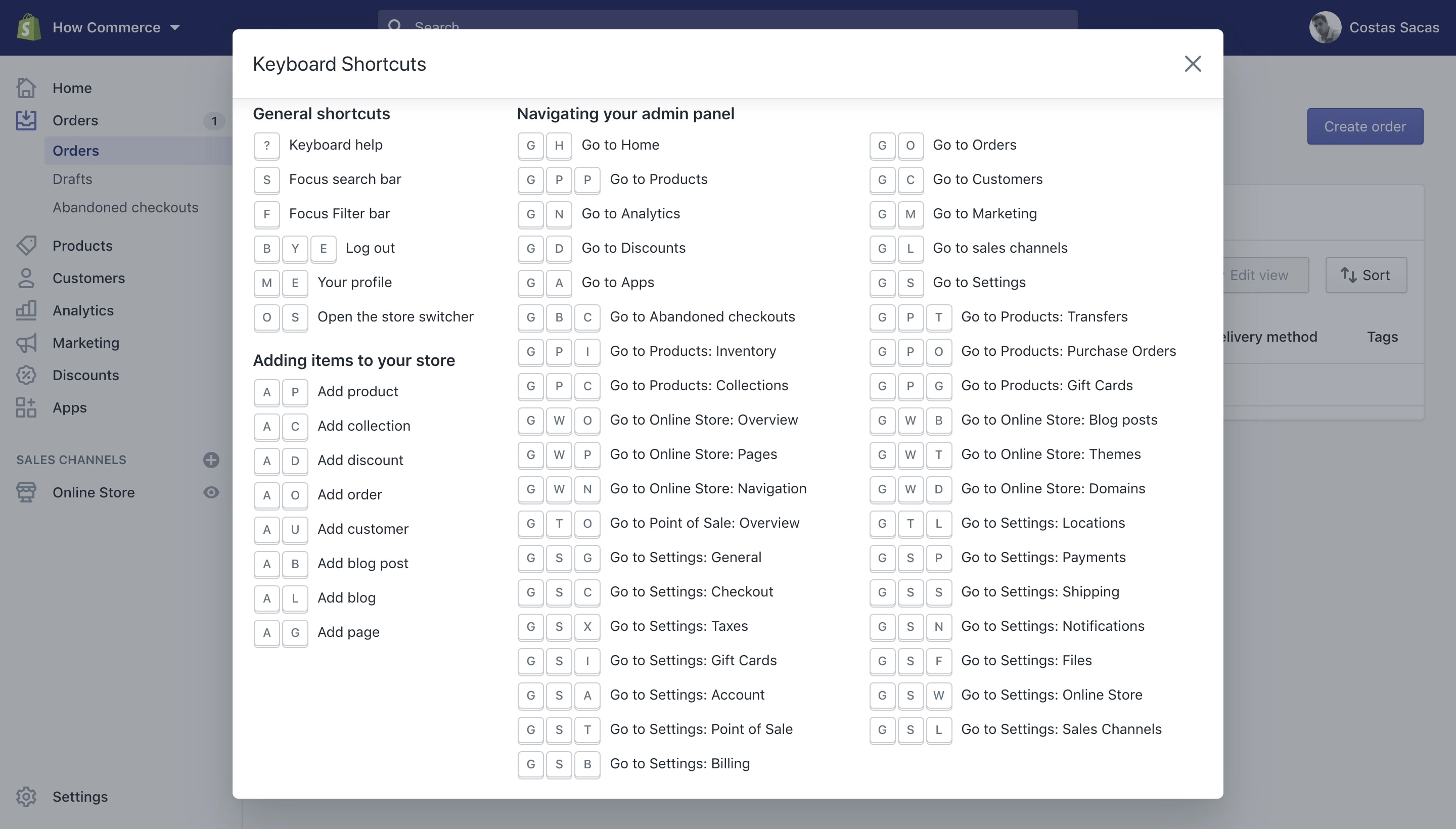 Shopify keyboard shortcuts list.