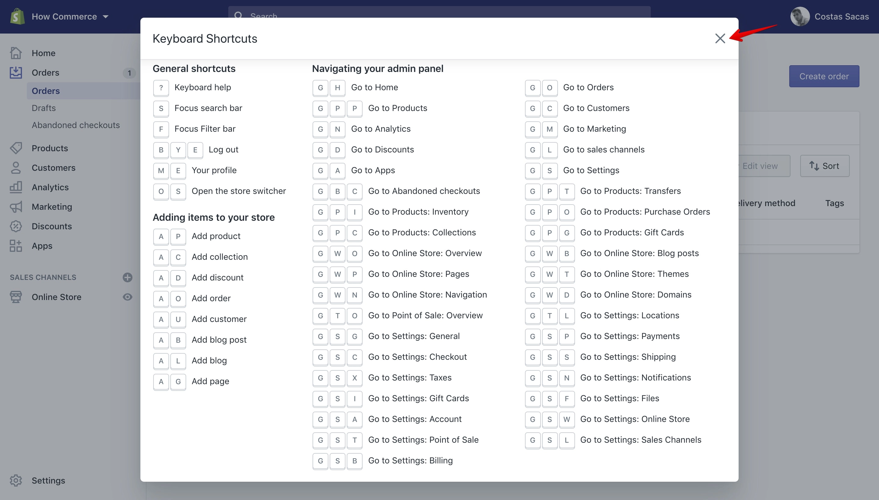 Shopify close the keyboard shortcuts list pop-up.