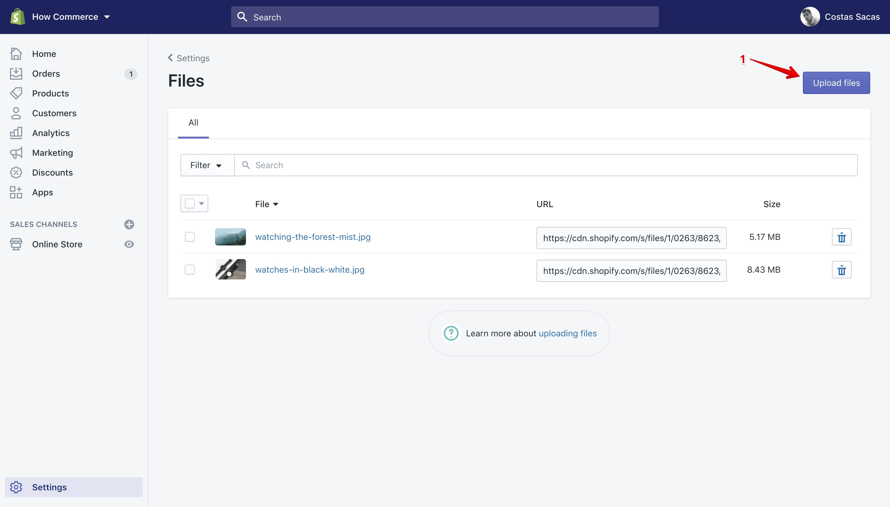 Shopify Upload files button.