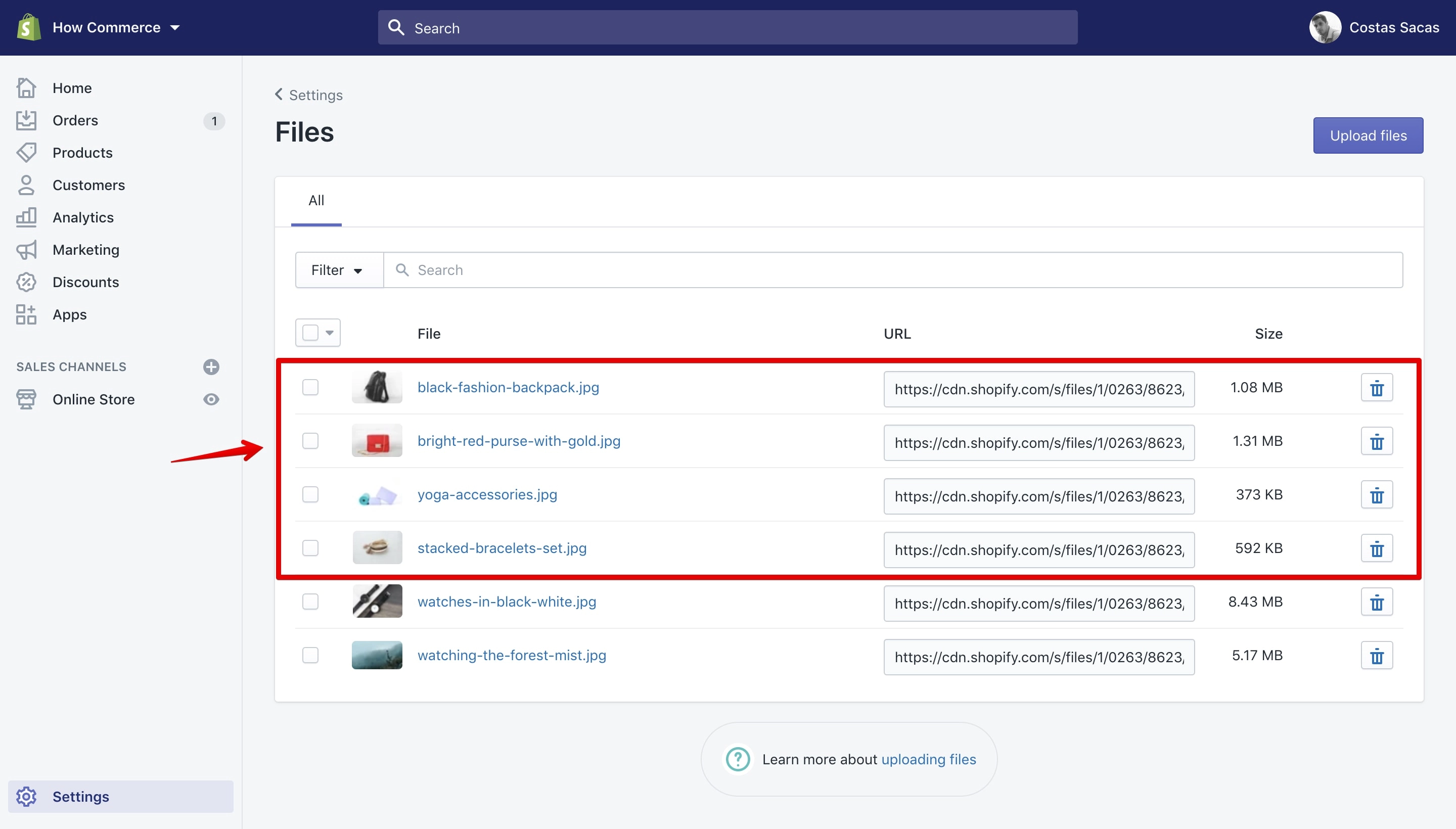 Files uploaded and listed on the Files Manager.