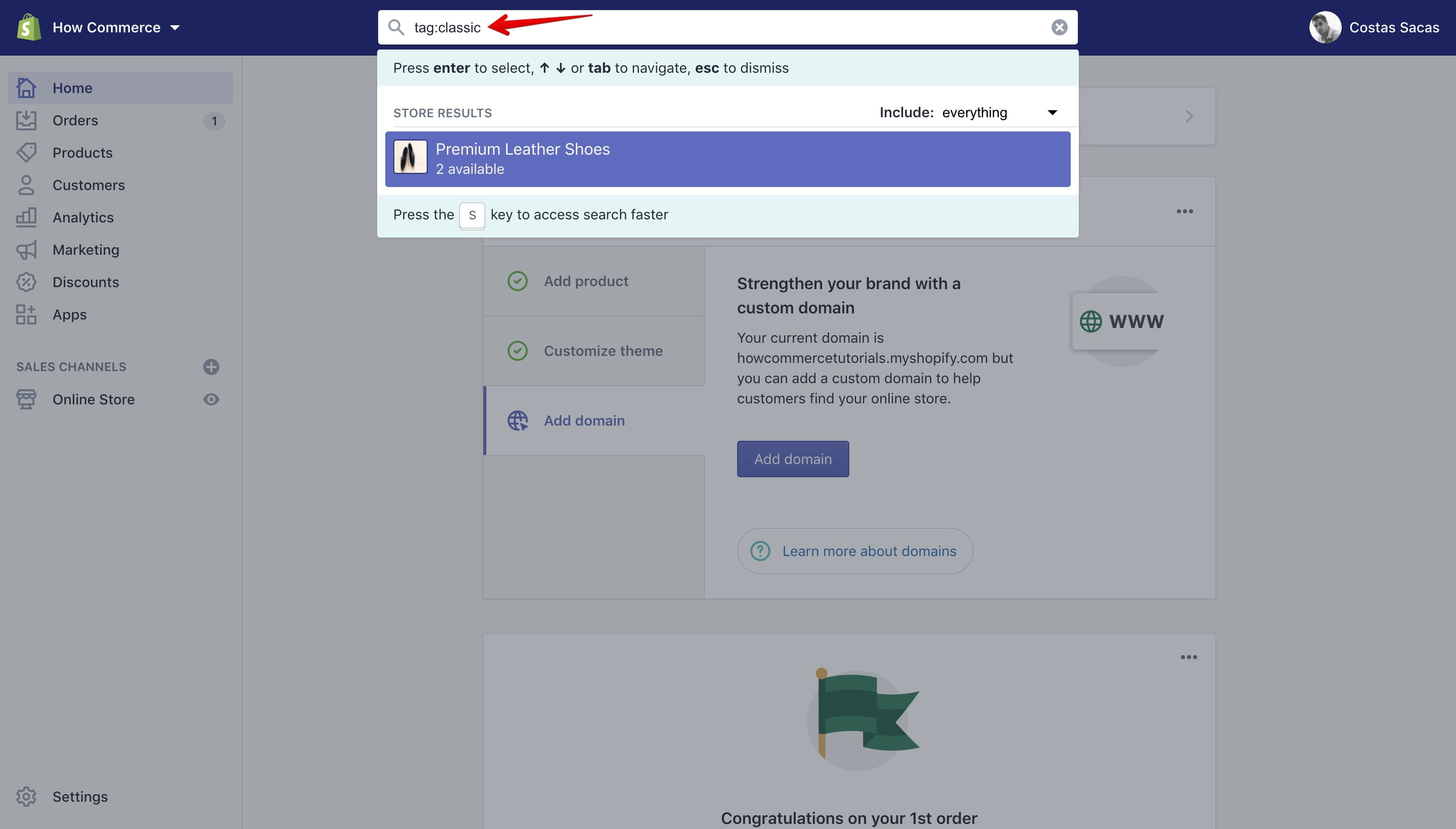 Search query to search for individual tags in the Shopify dashboard.