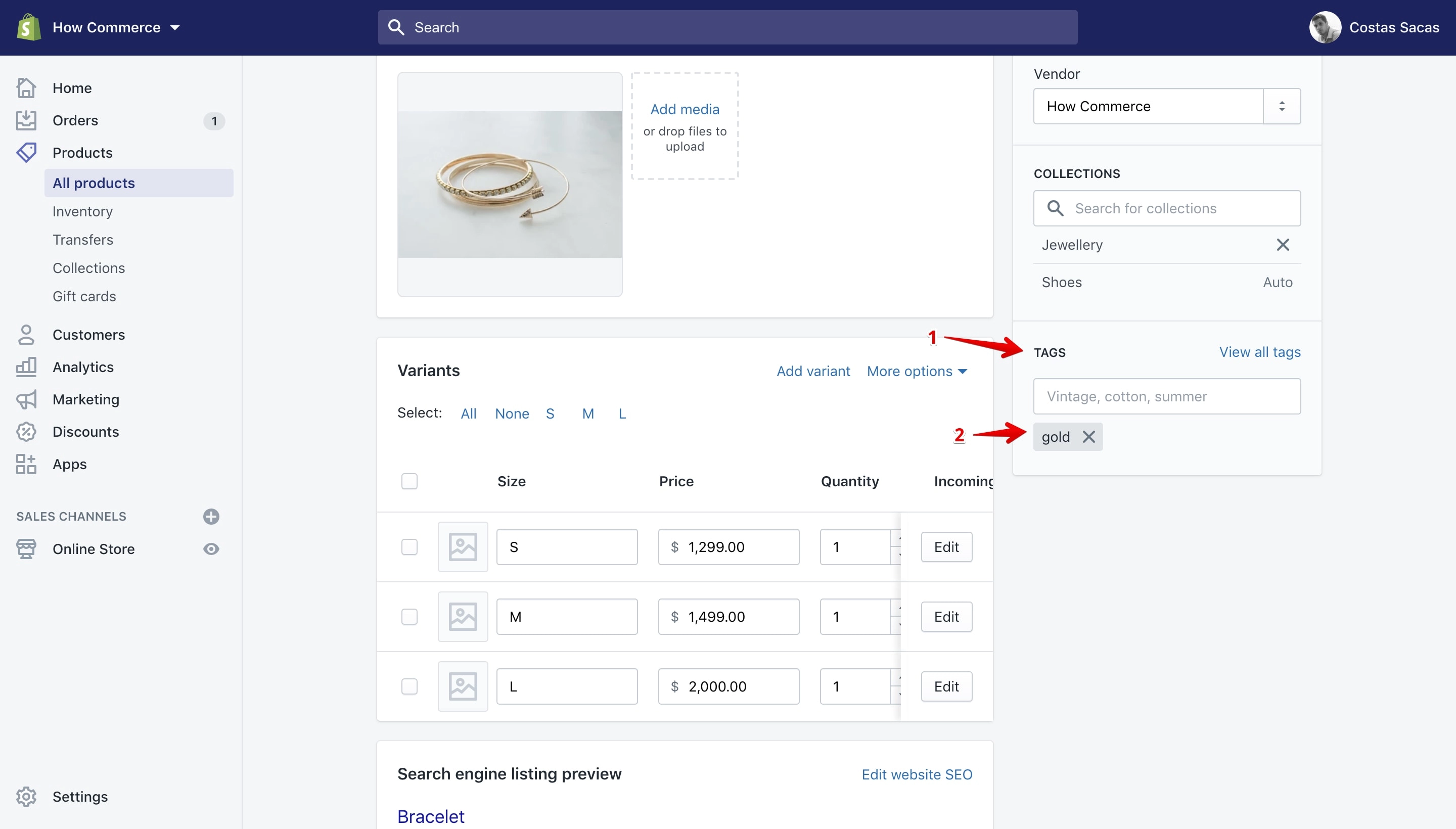 Shopify tags section on the product details page.