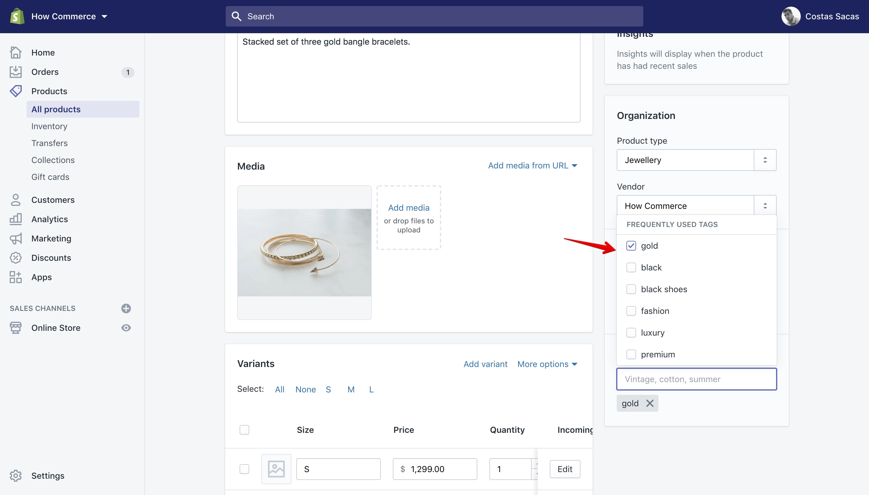 Shopify tags section on the product details page.