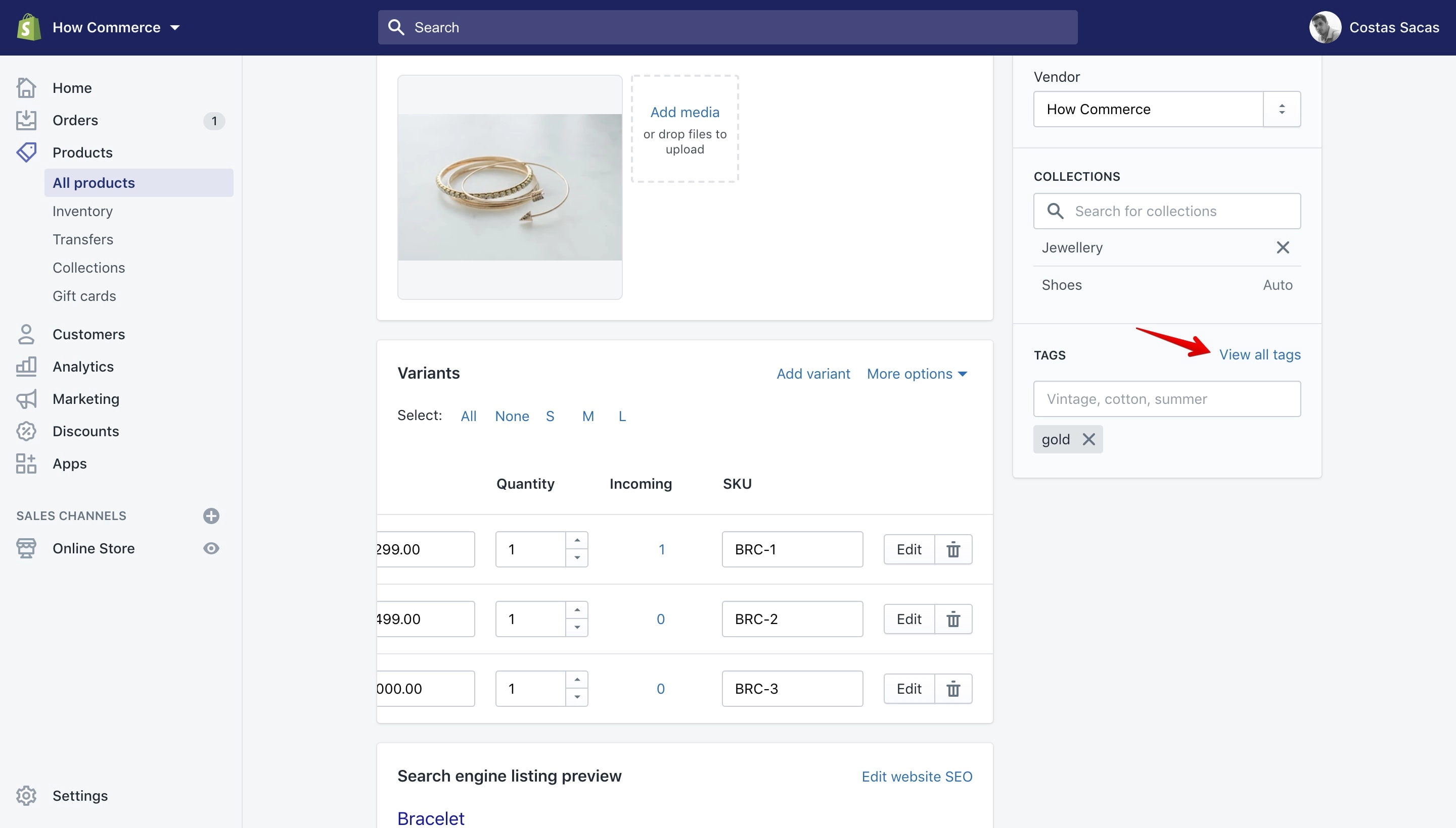 View all tags link on the product details page.