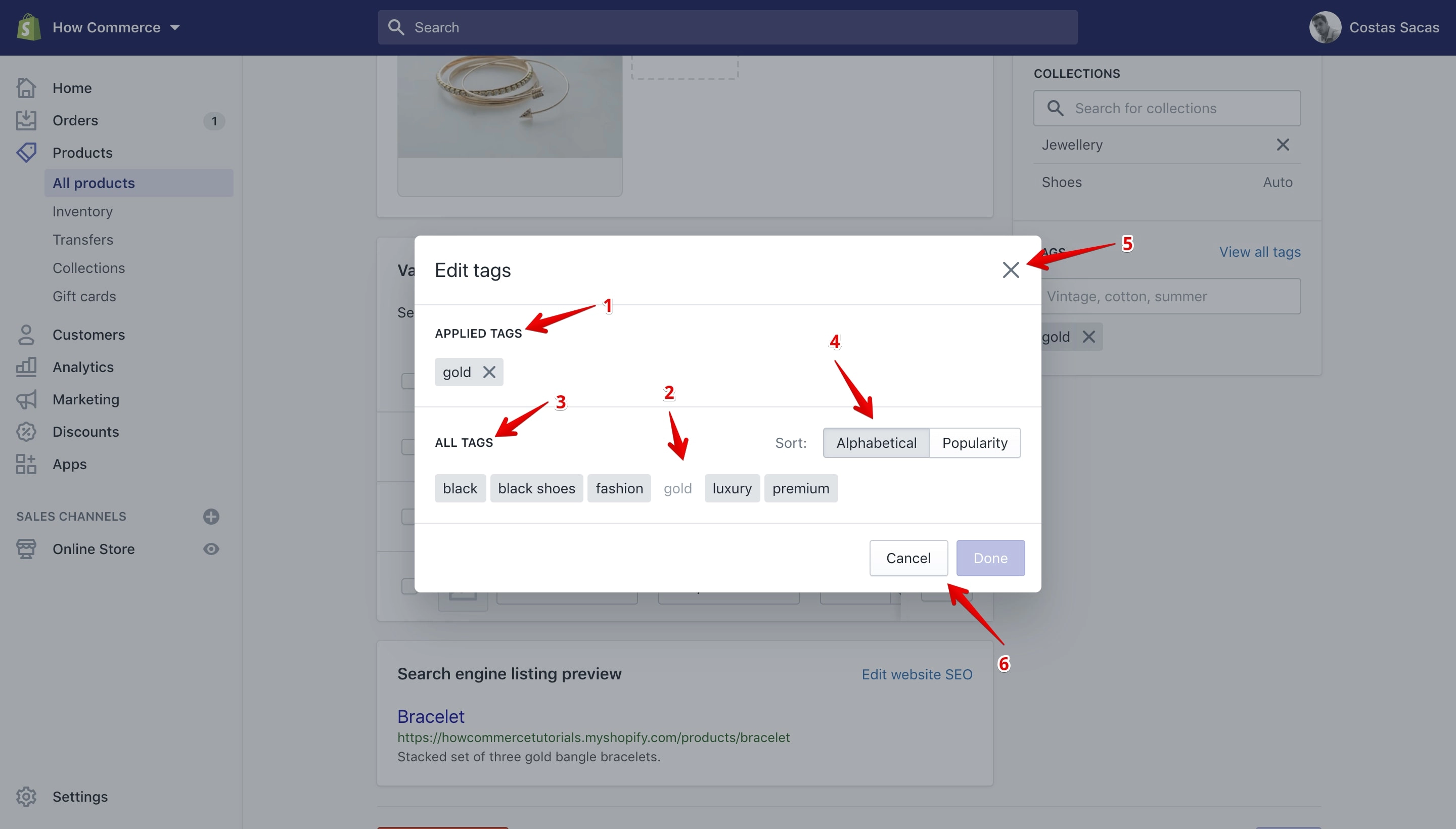 Edit tags pop-up on the product details page.
