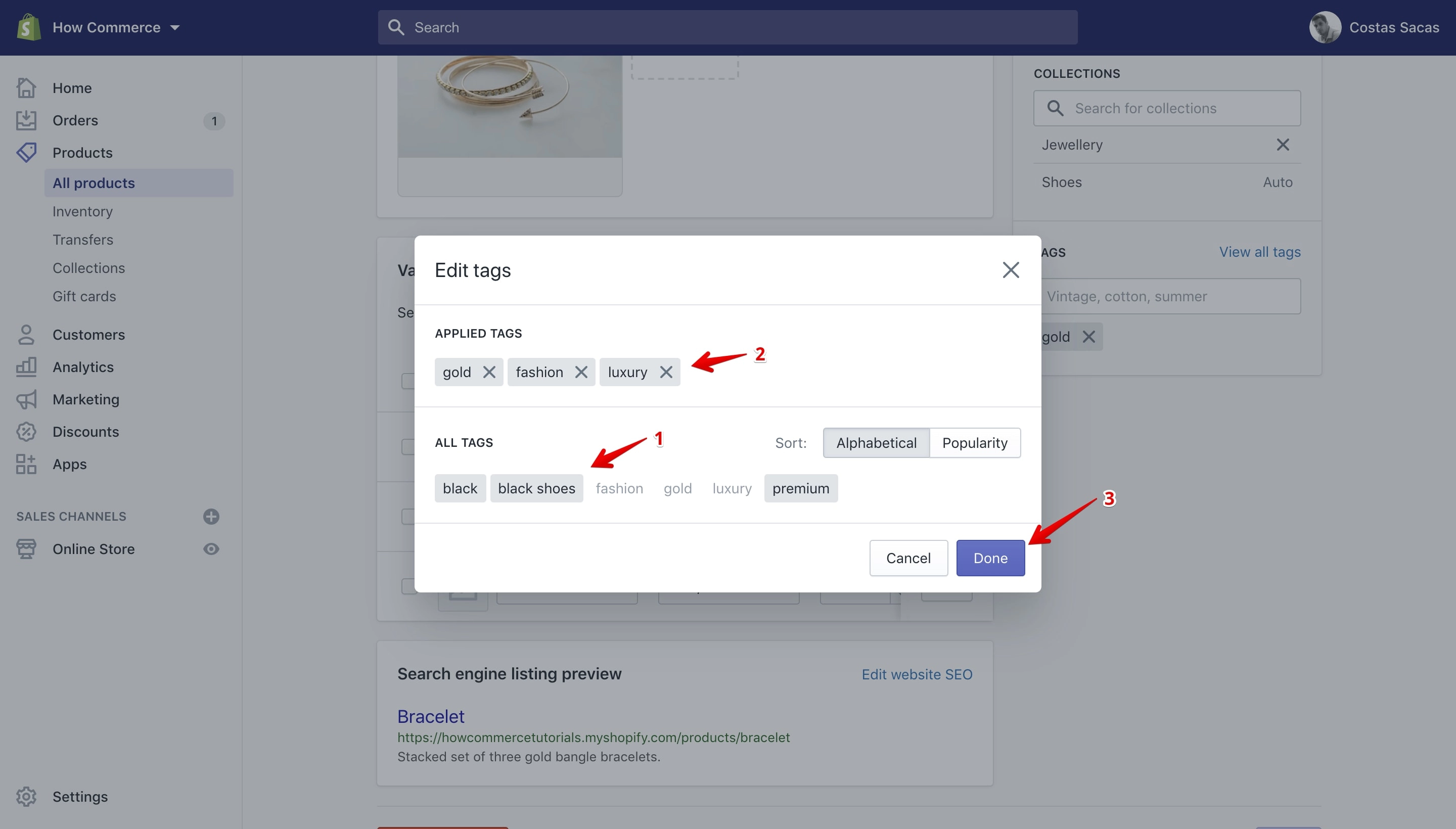 Edit tags pop-up on the product details page.