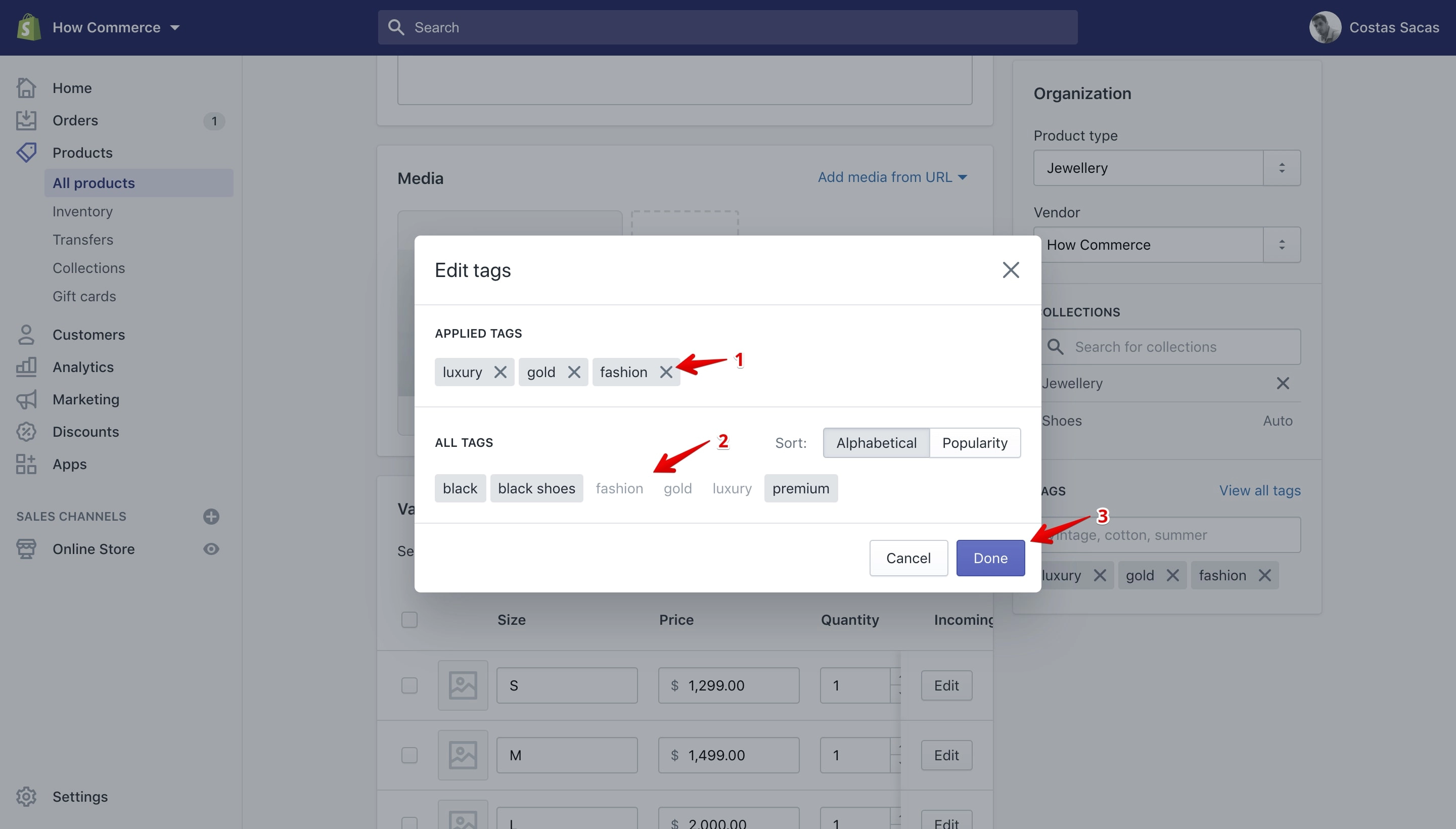Edit tags pop-up on the product details page.