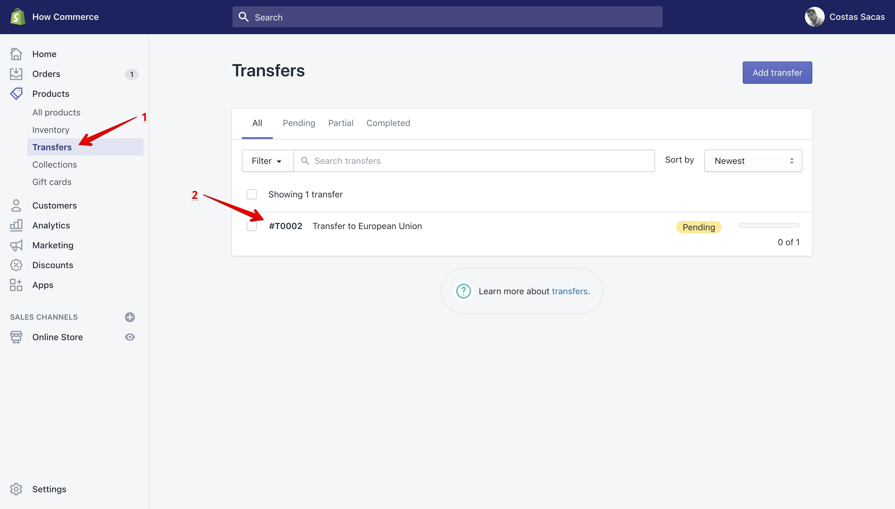 Transfer listing page path.
