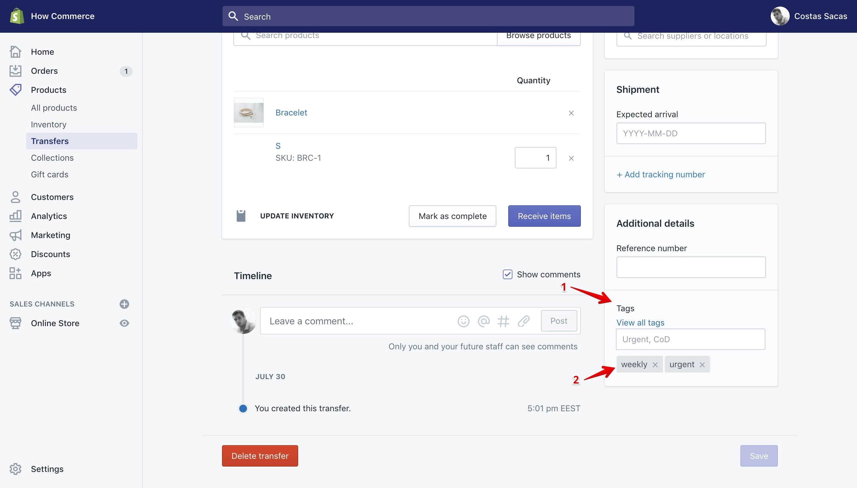 Shopify tags section on the transfer details page.