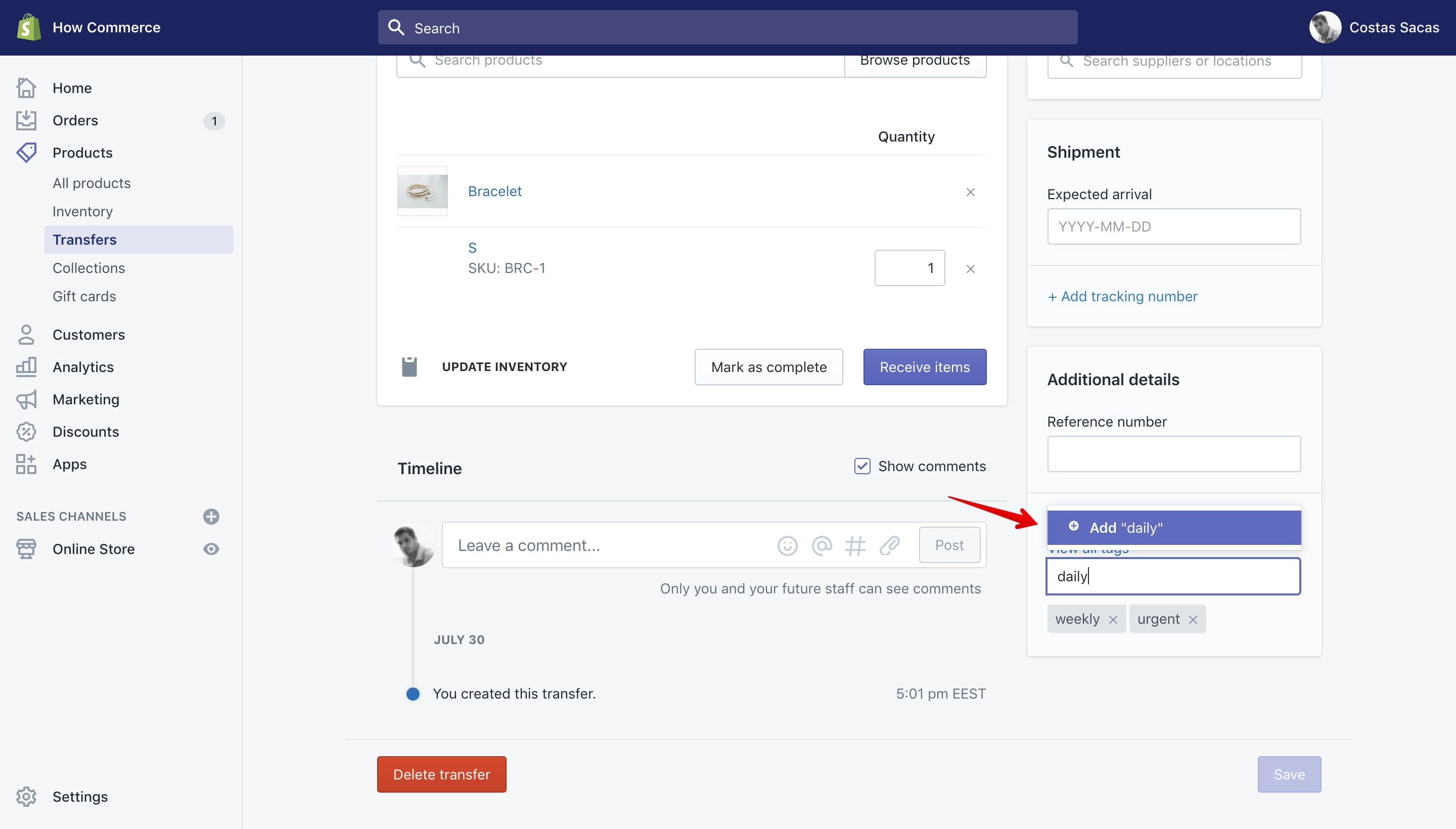 Shopify tags section on the transfer details page.
