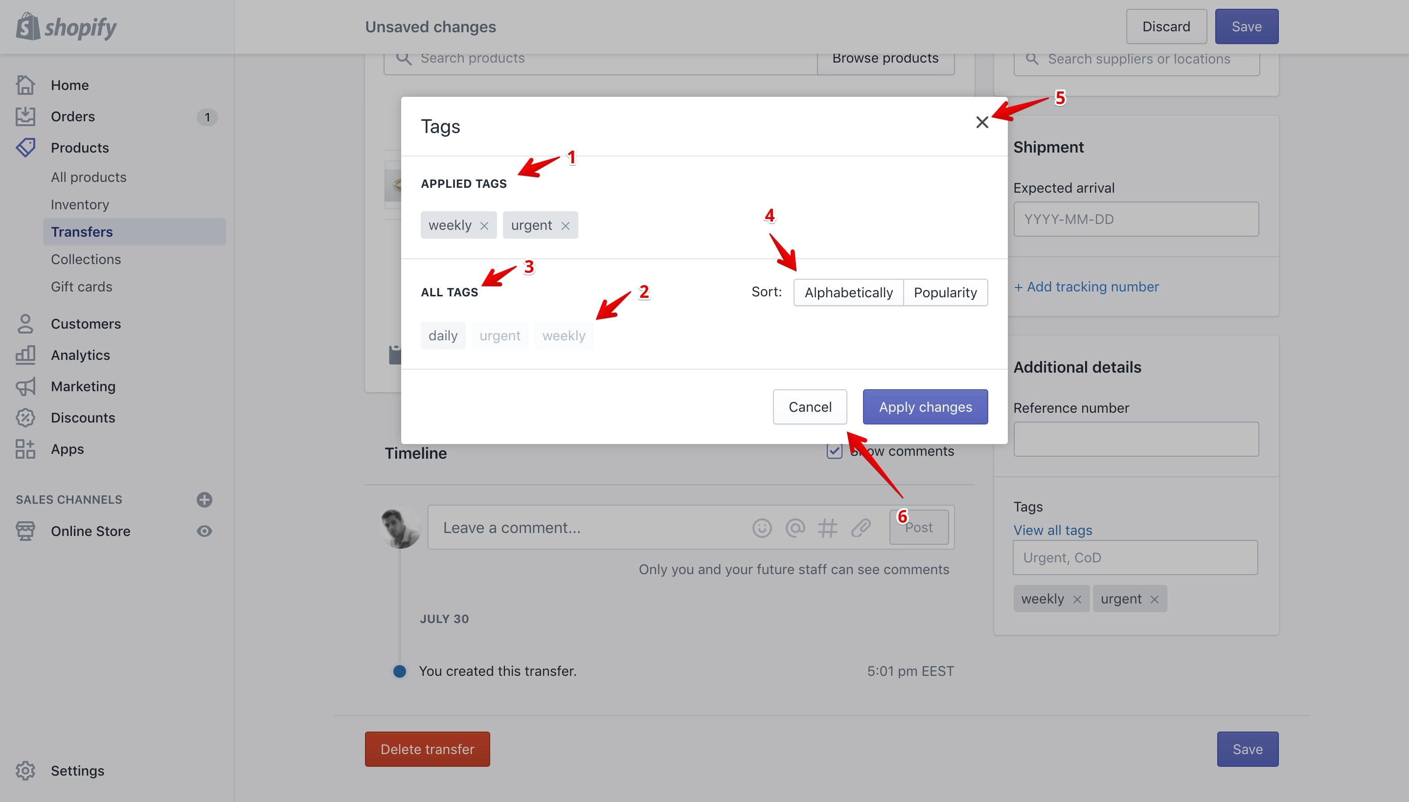 Edit tags pop-up on the transfer details page.