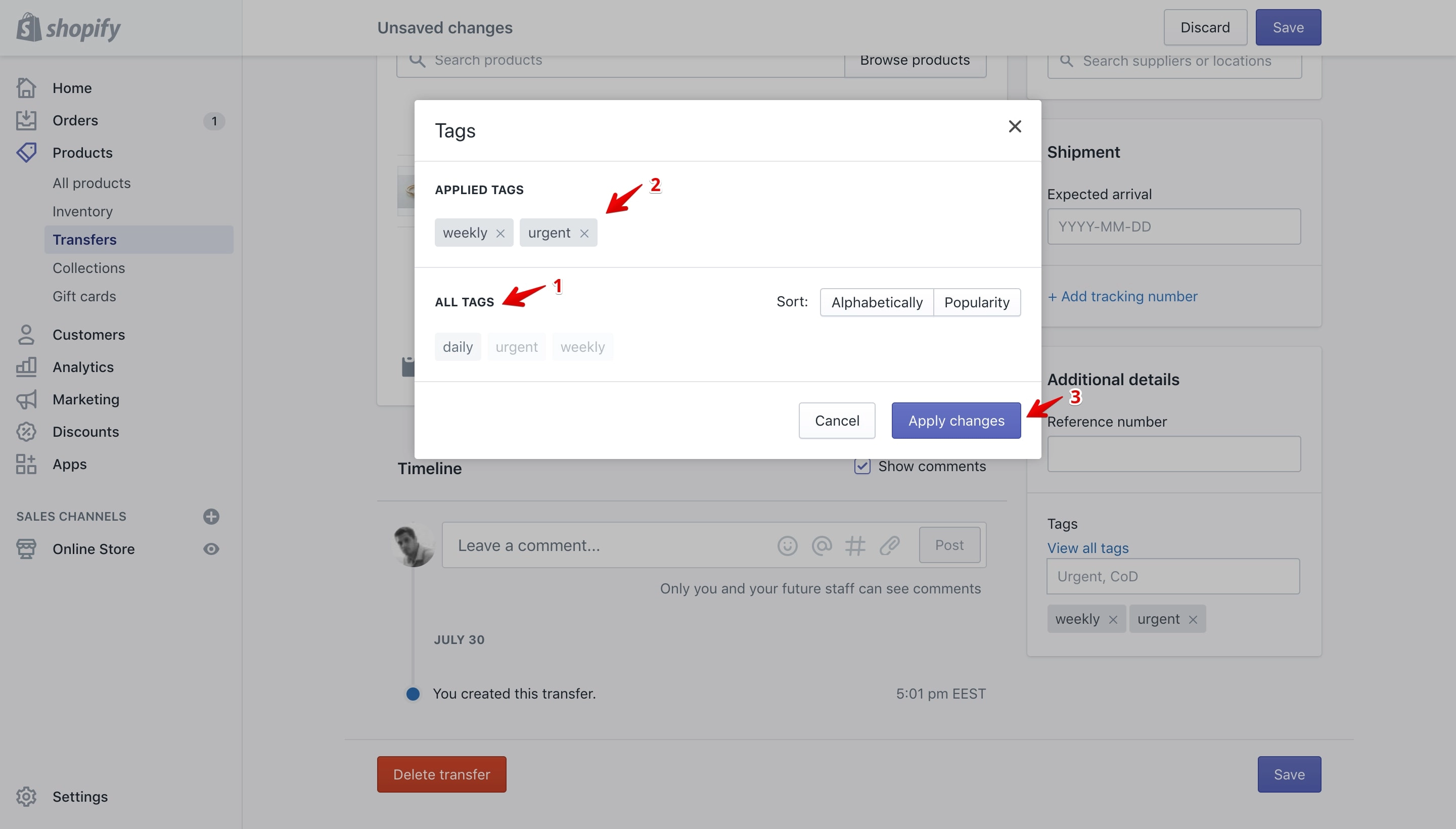 Edit tags pop-up on the transfer details page.