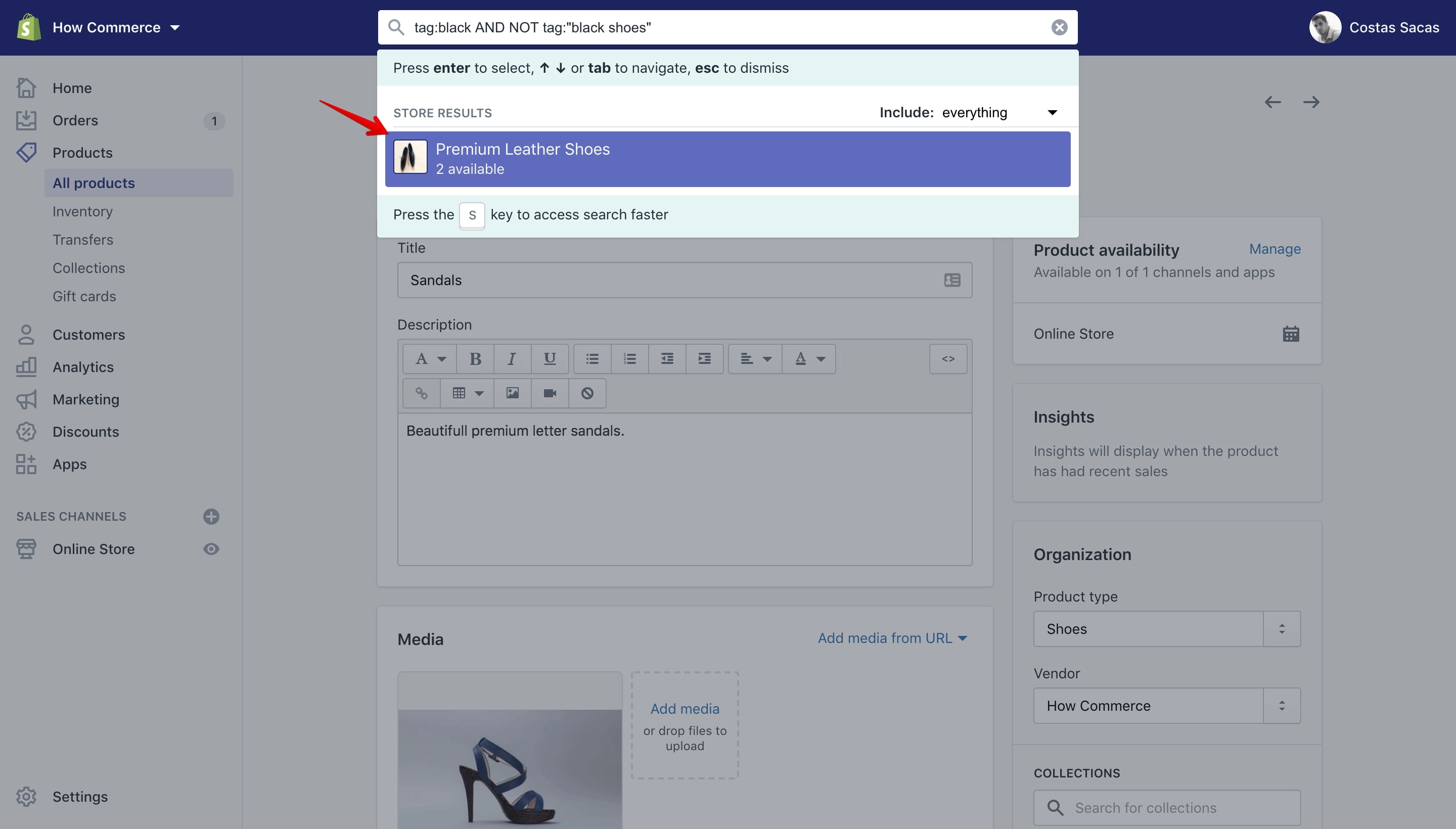 Search chaining for a specific tag in the Shopify dashboard.
