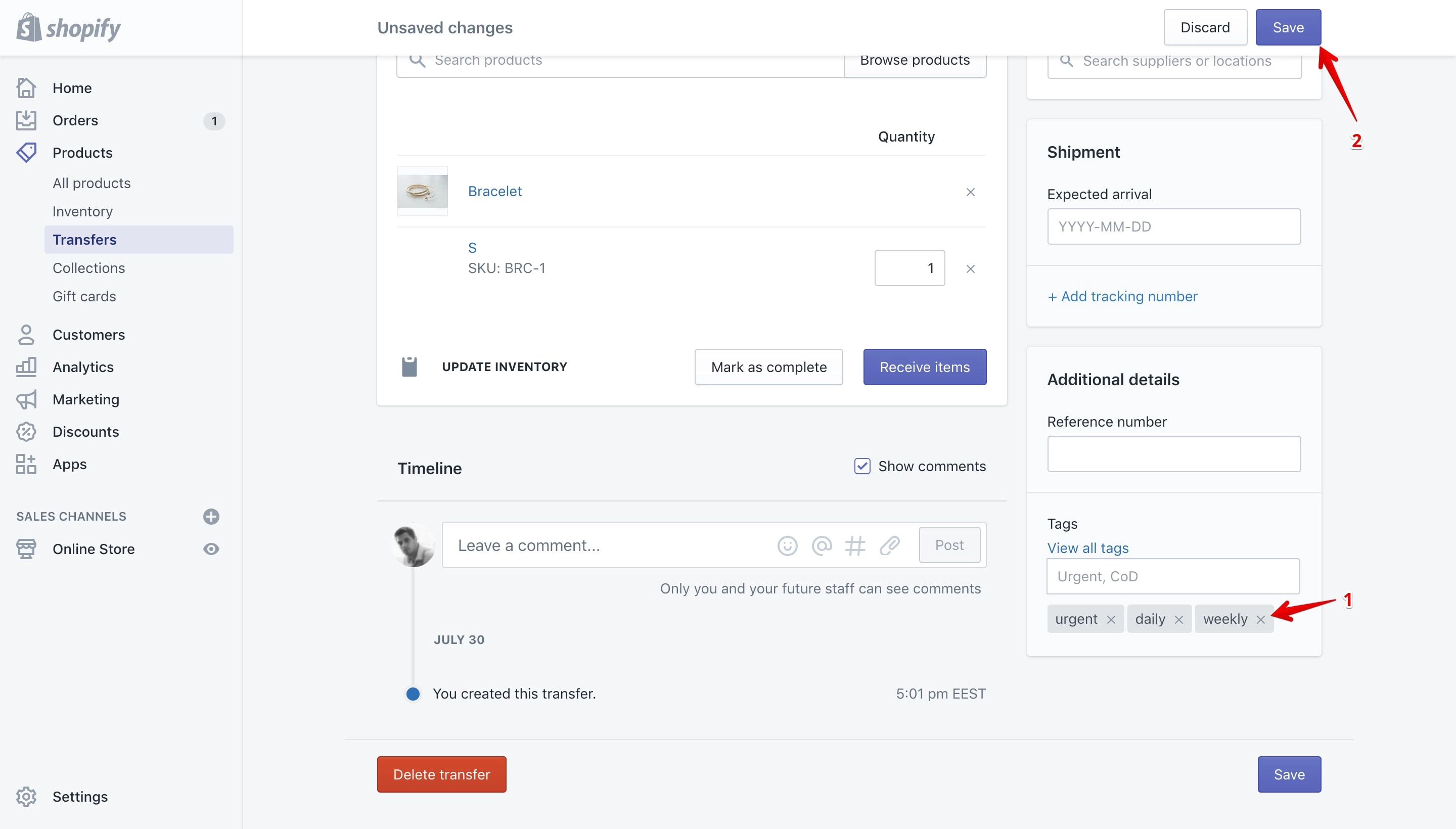 Remove tags from the Tags section on the transfer details page.