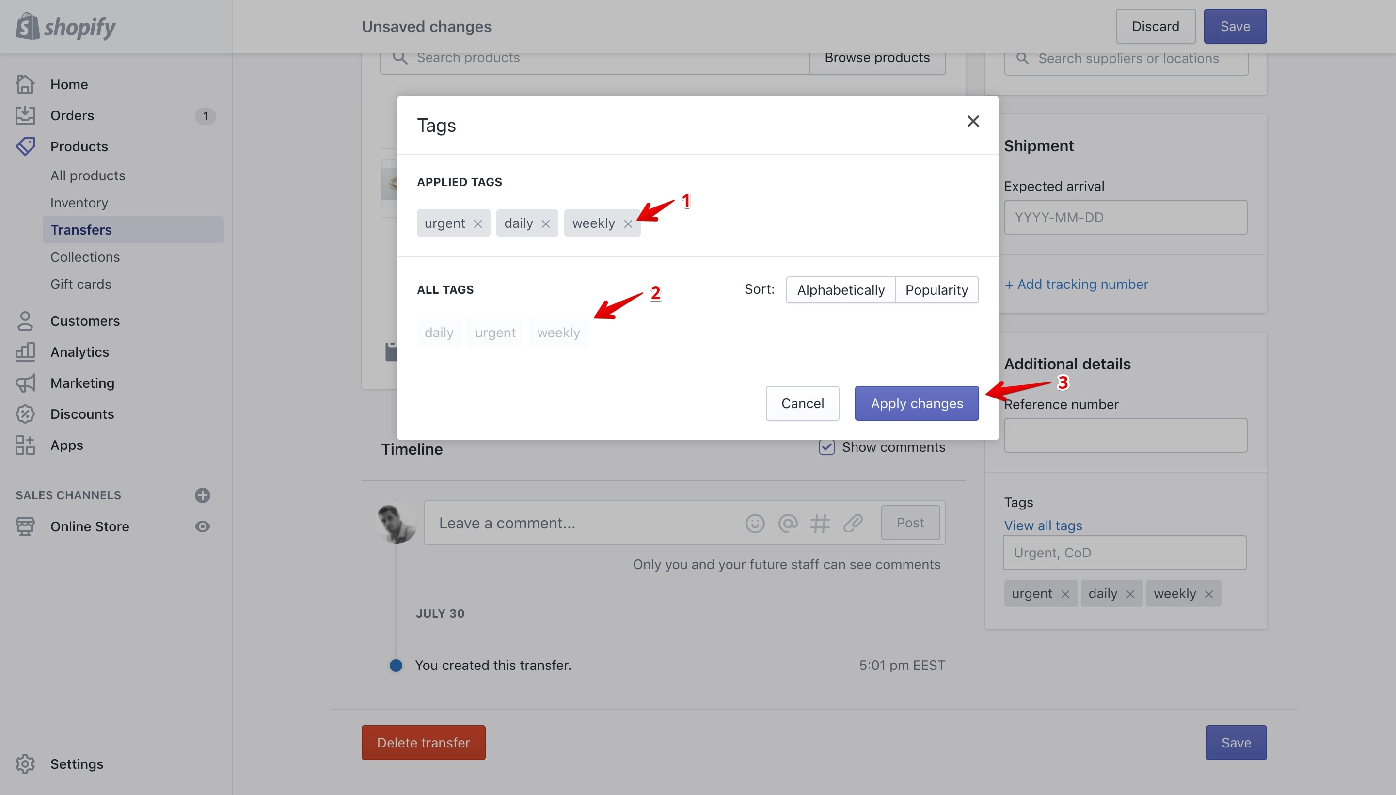 Edit tags pop-up on the transfer details page.