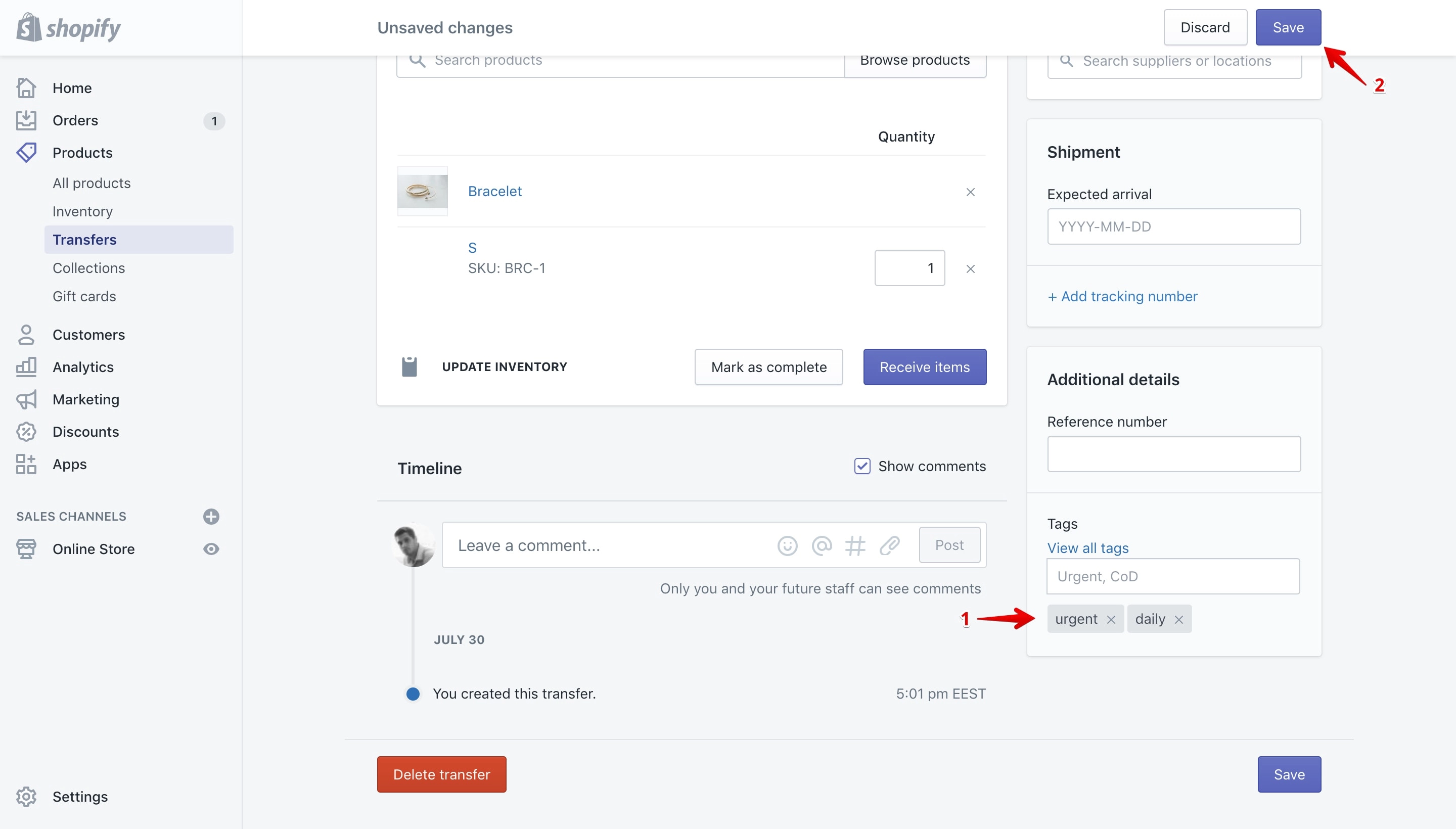 Tag removed on the transfer details page.