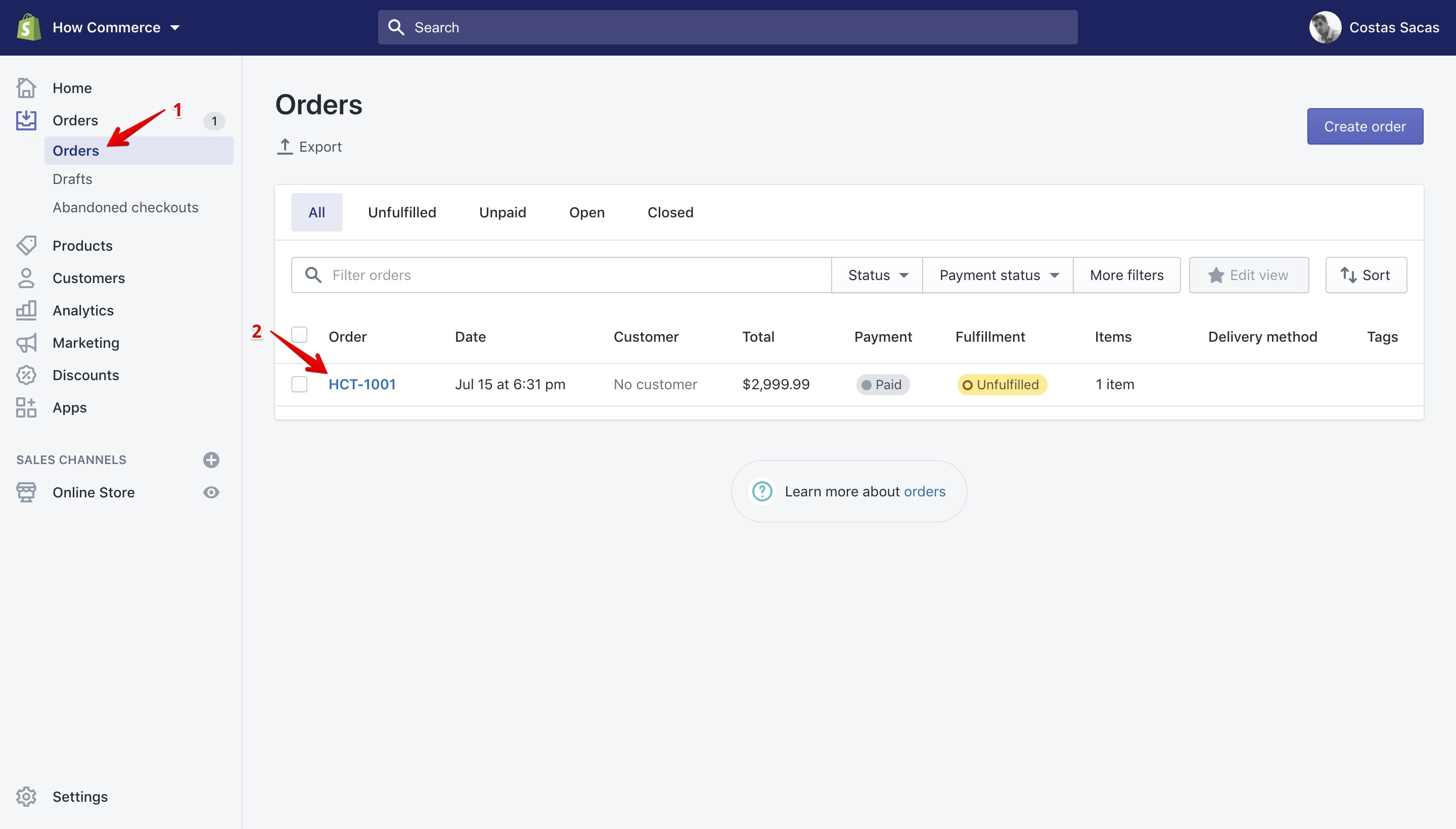 Orders listing page path.