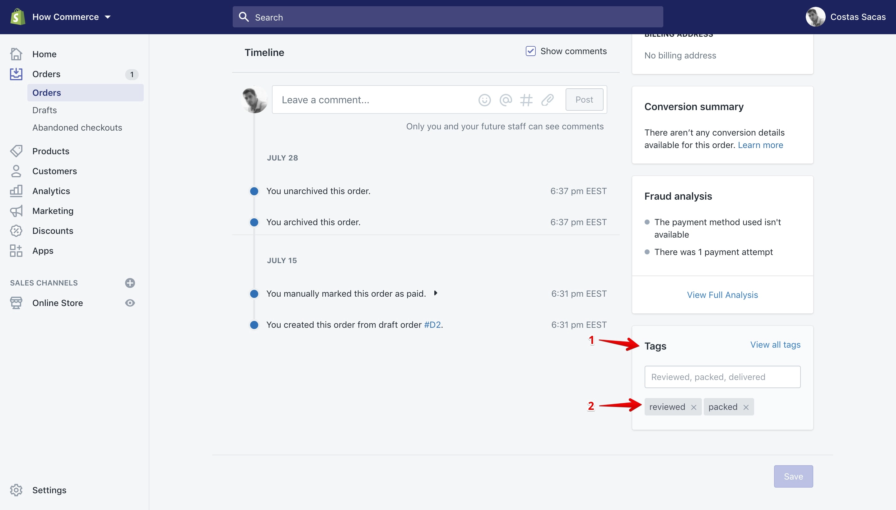 Shopify tags section on the order details page.