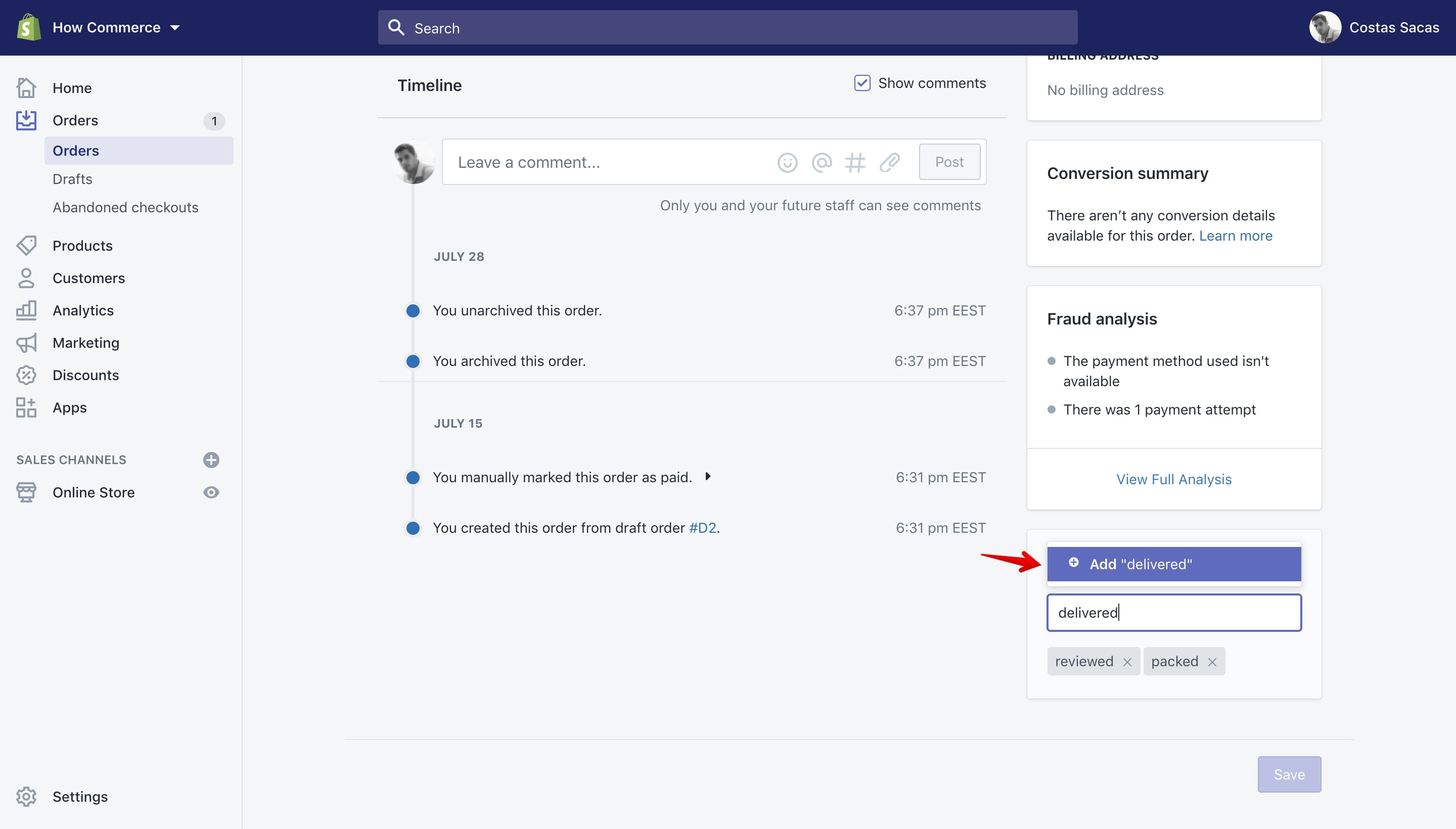 Add a new tag on the order details page.