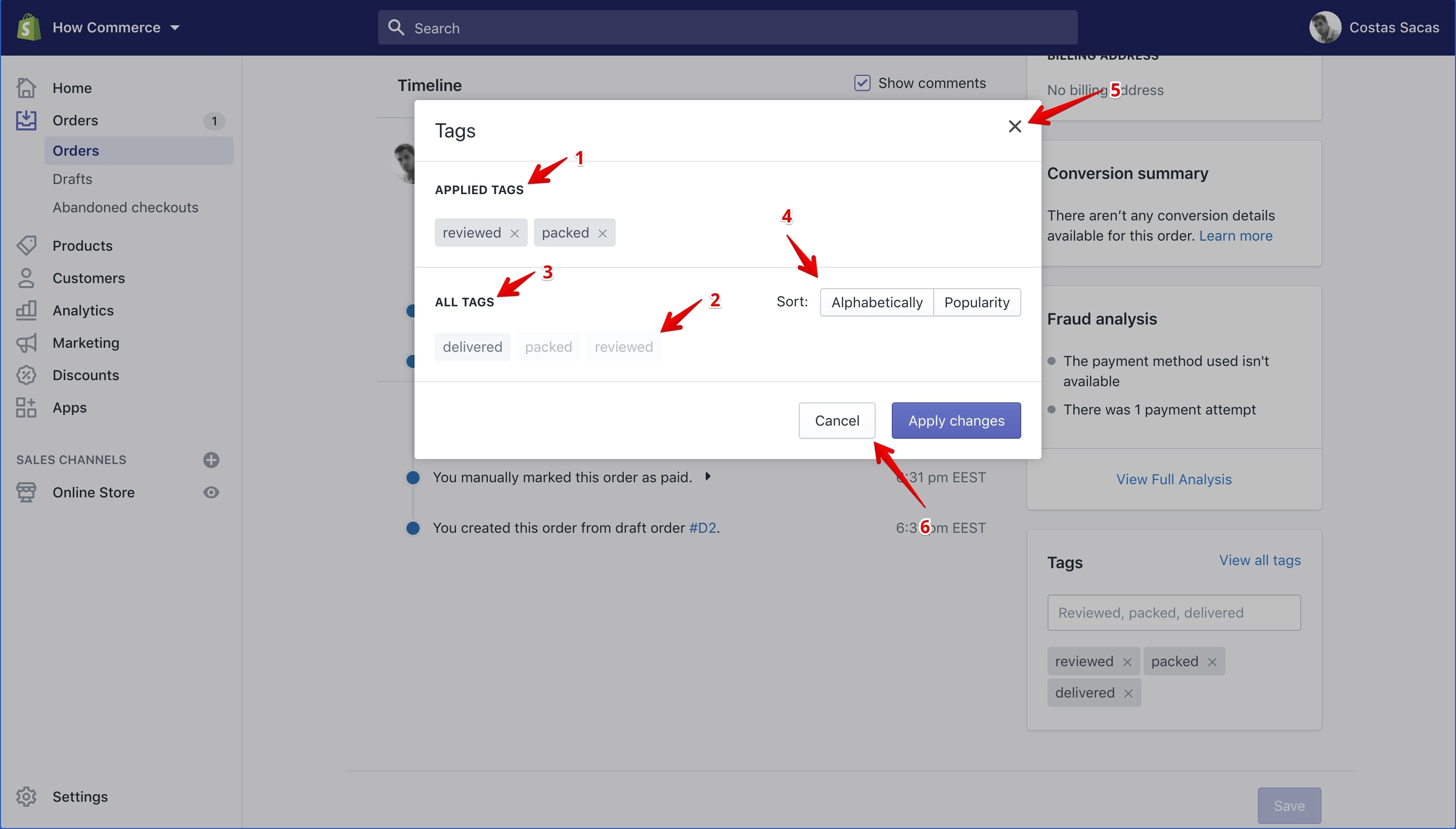 Edit tags pop-up on the order details page.