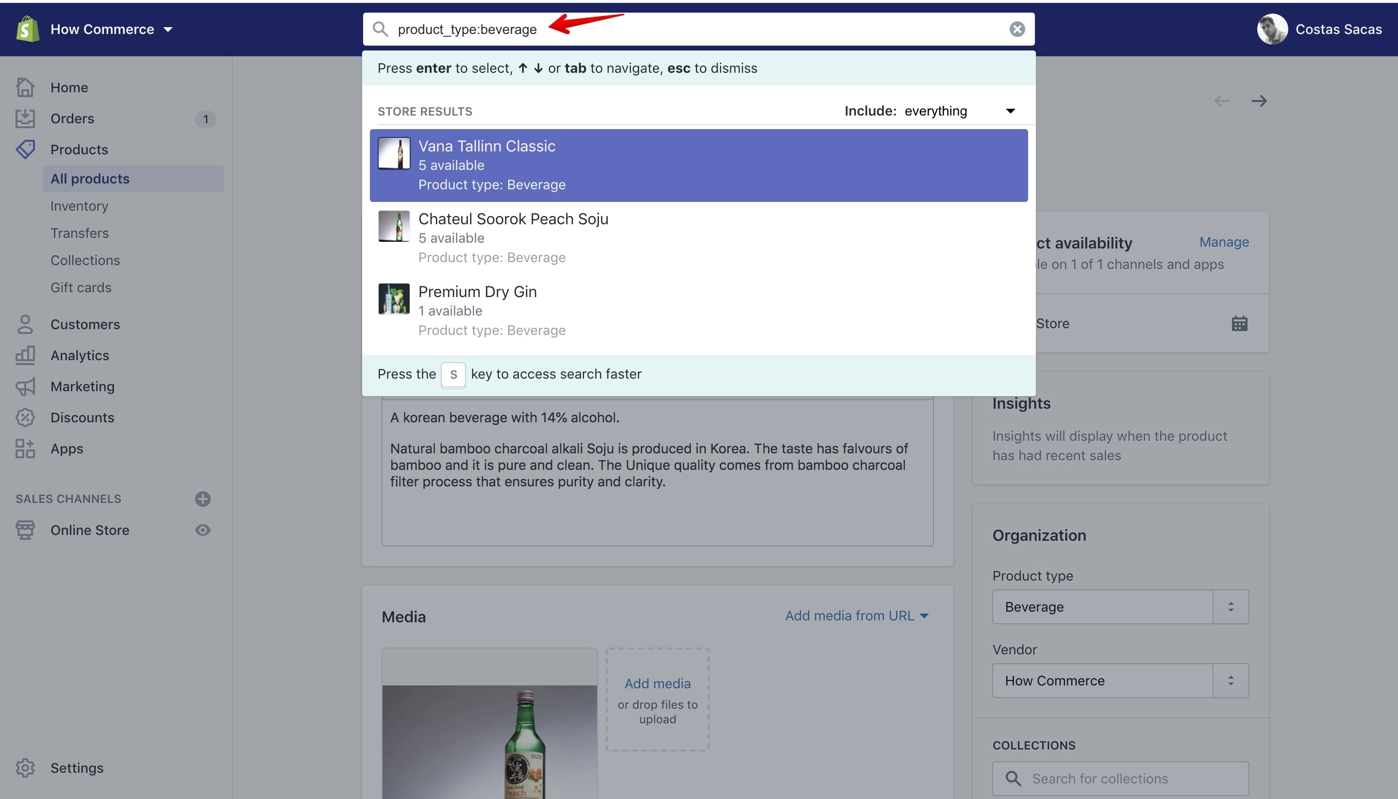 Search query for a specific product type in the Shopify dashboard.