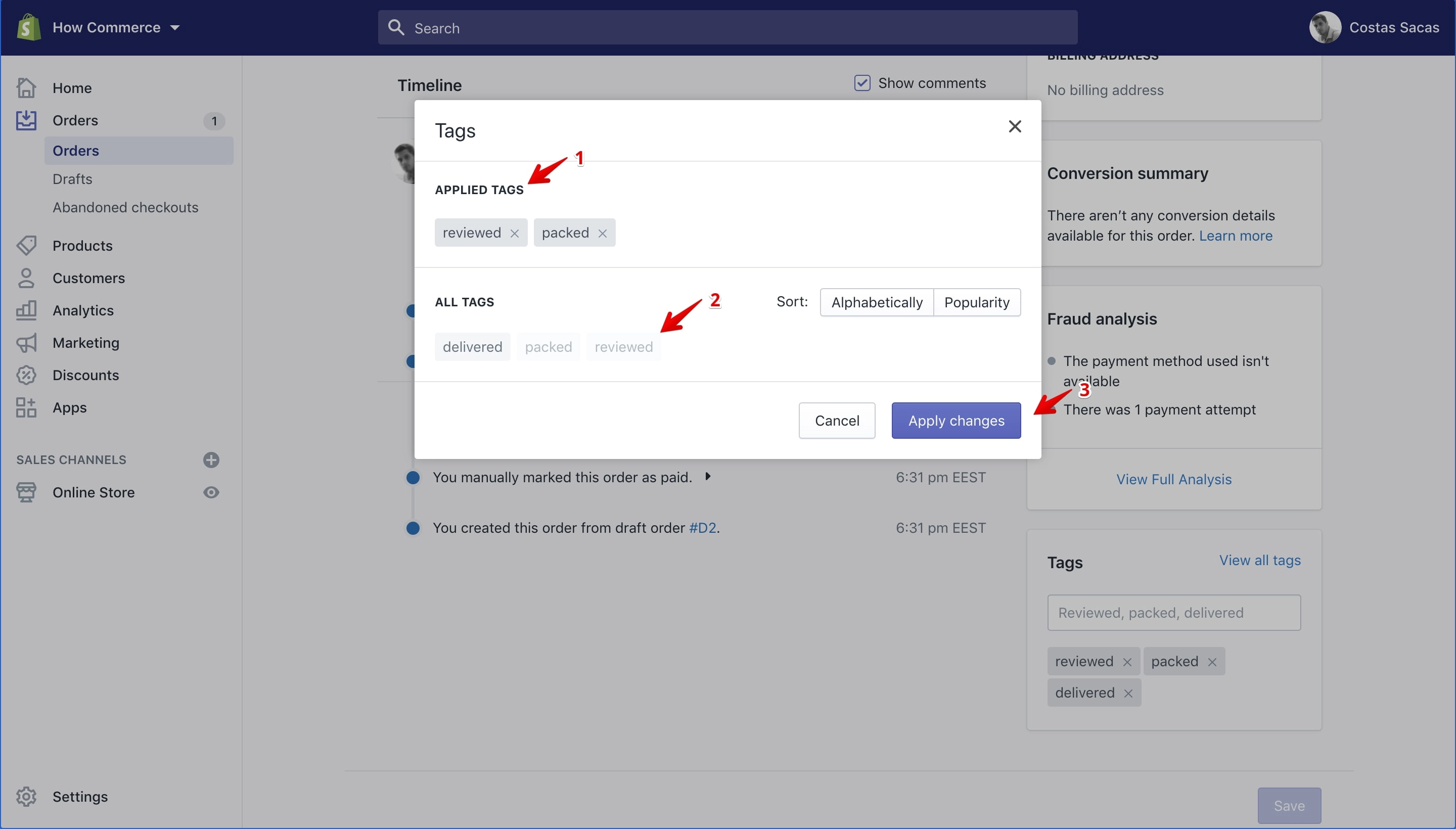Edit tags pop-up on the order details page.