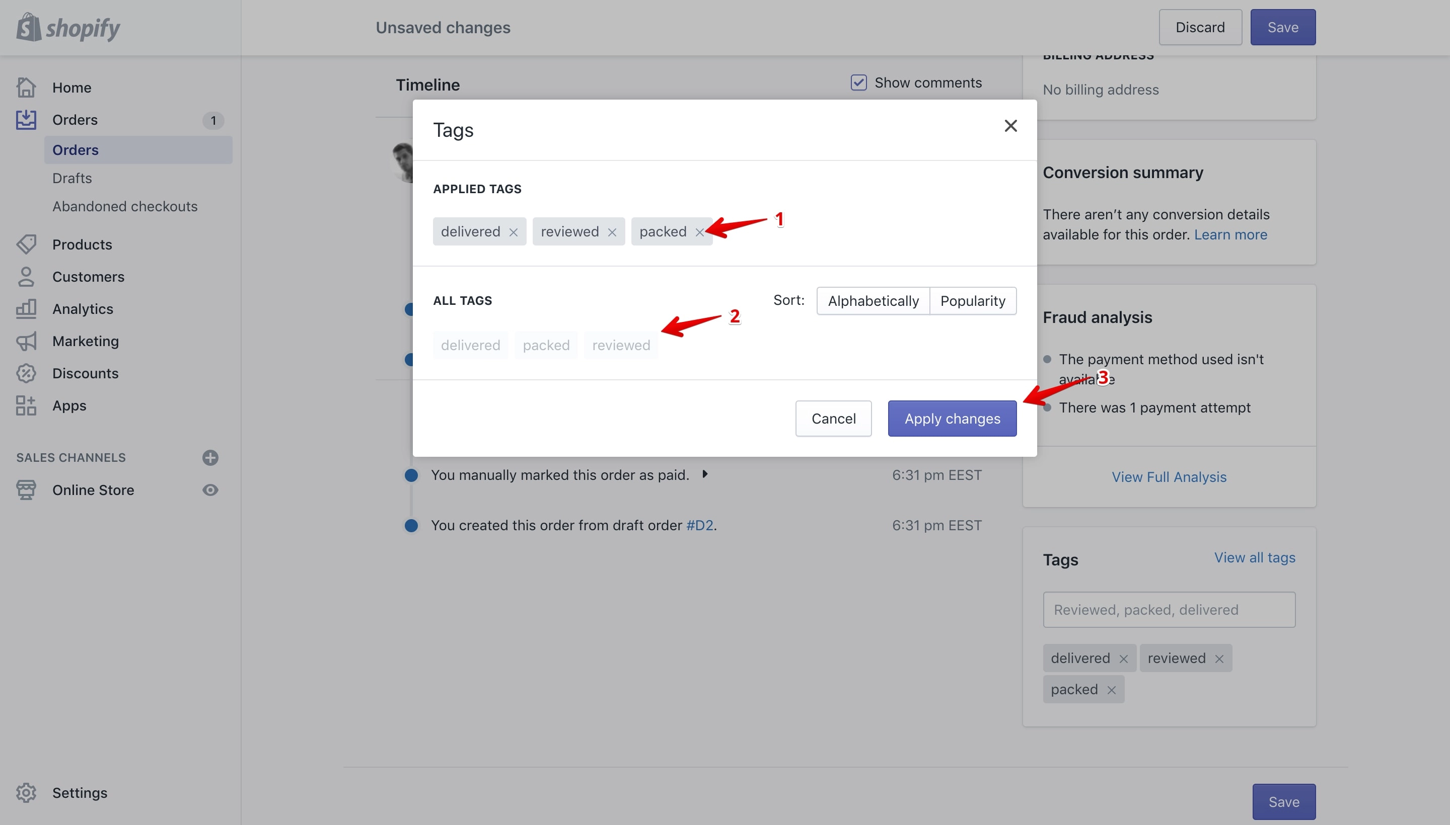 Edit tags pop-up on the order details page.