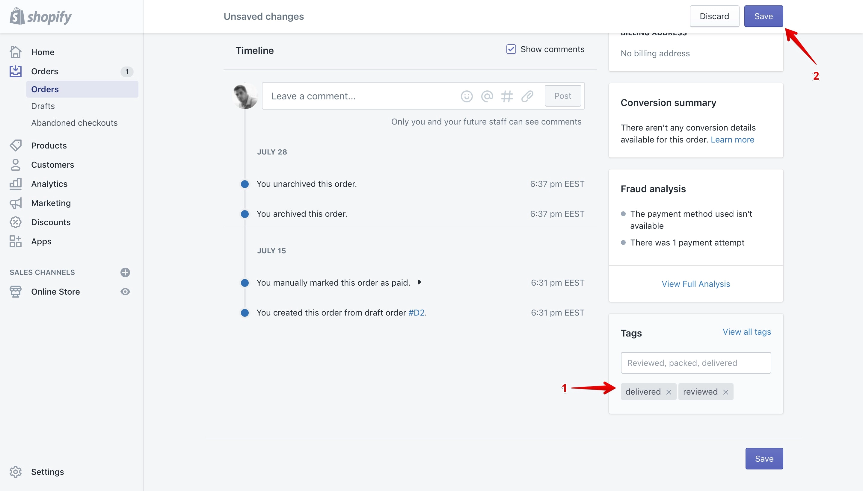 Tag removed on the order details page.