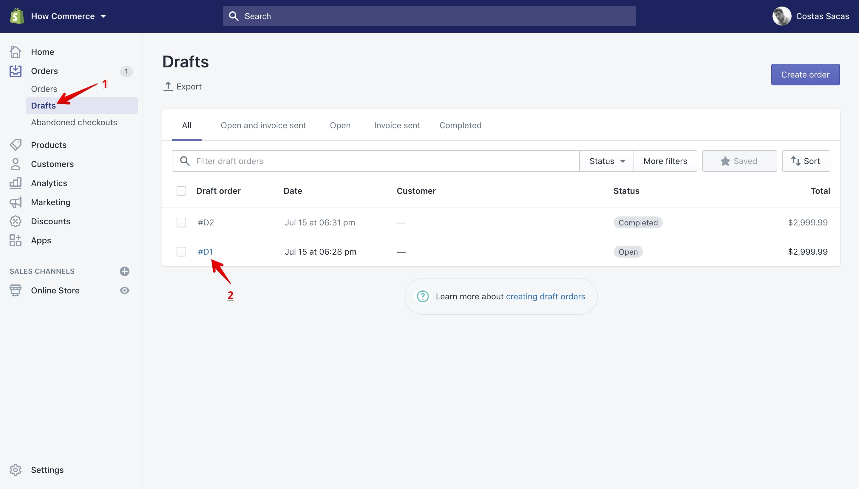 Shopify draft order details page path.