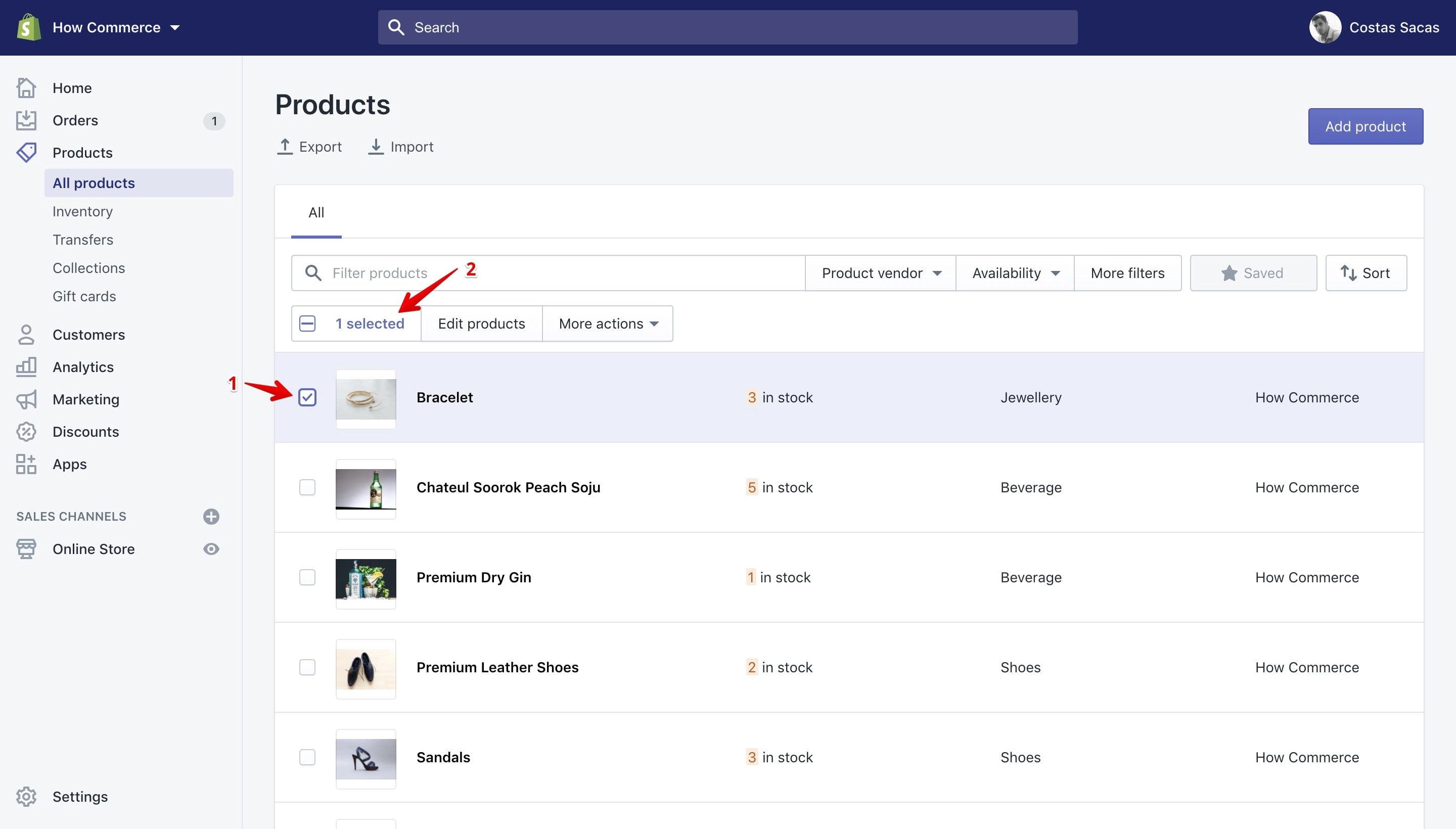 Selection of items one by one in the Shopify dashboard.