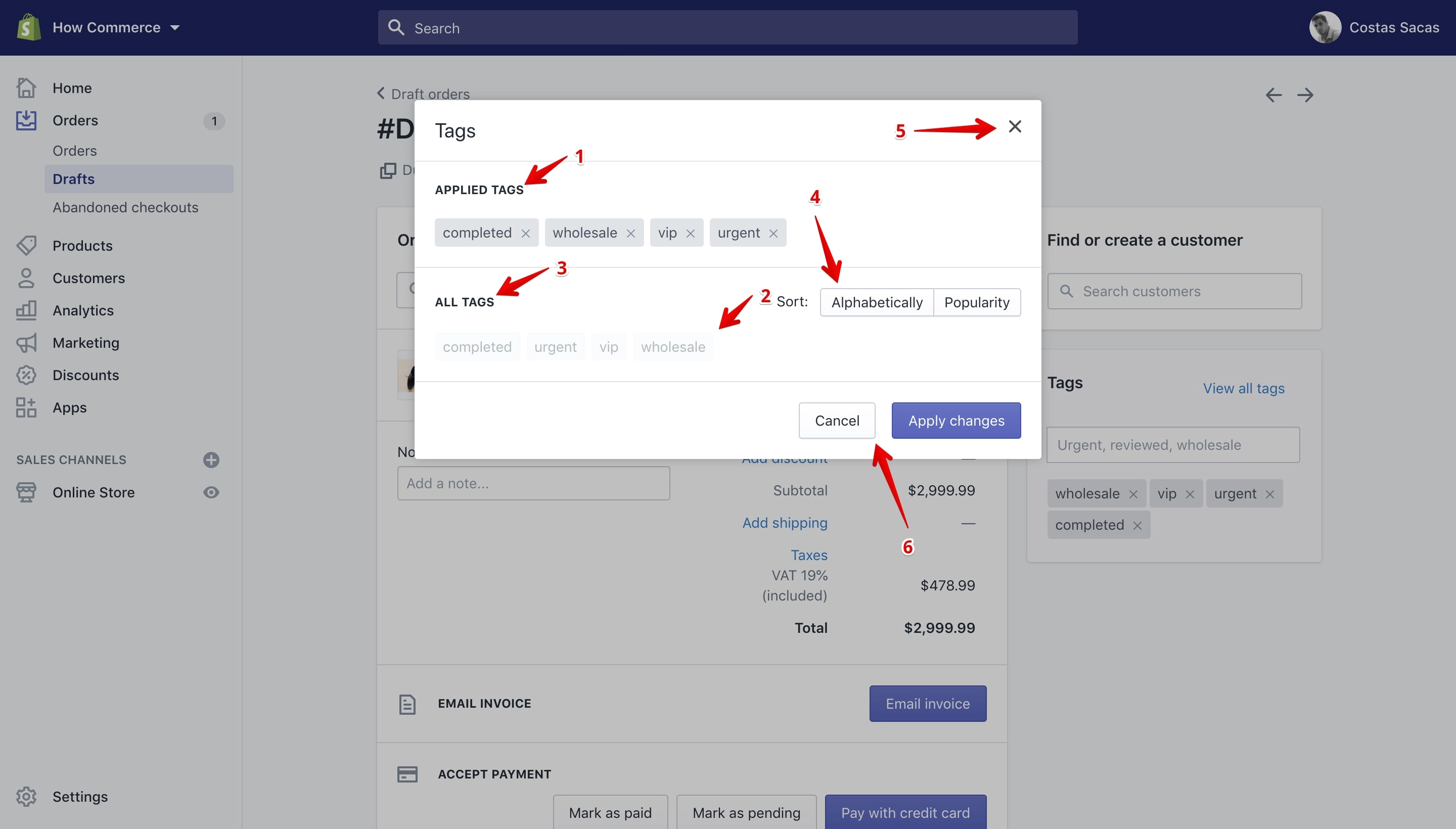 Edit tags pop-up on the draft order details page.
