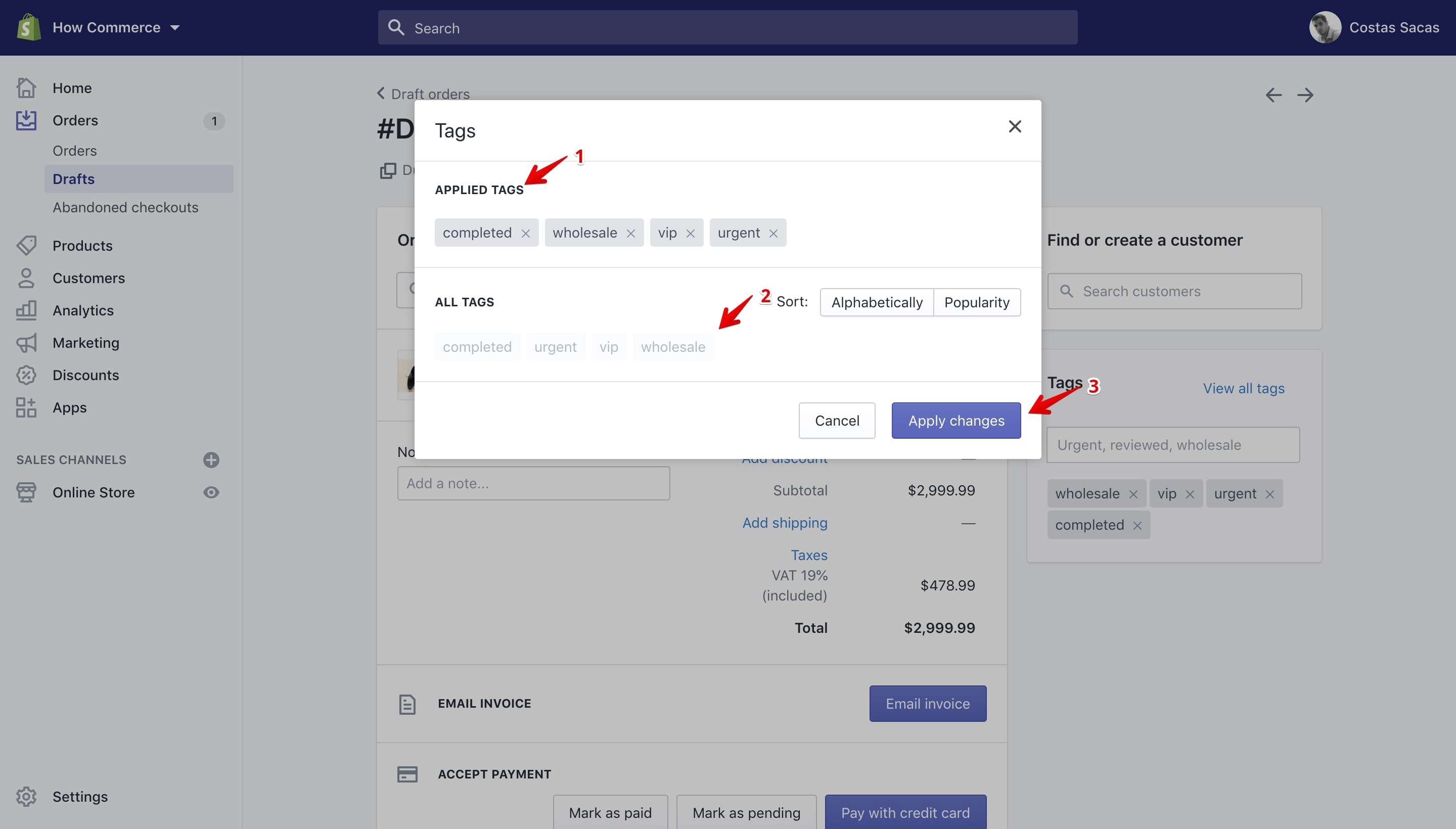Edit tags pop-up on the draft order details page.