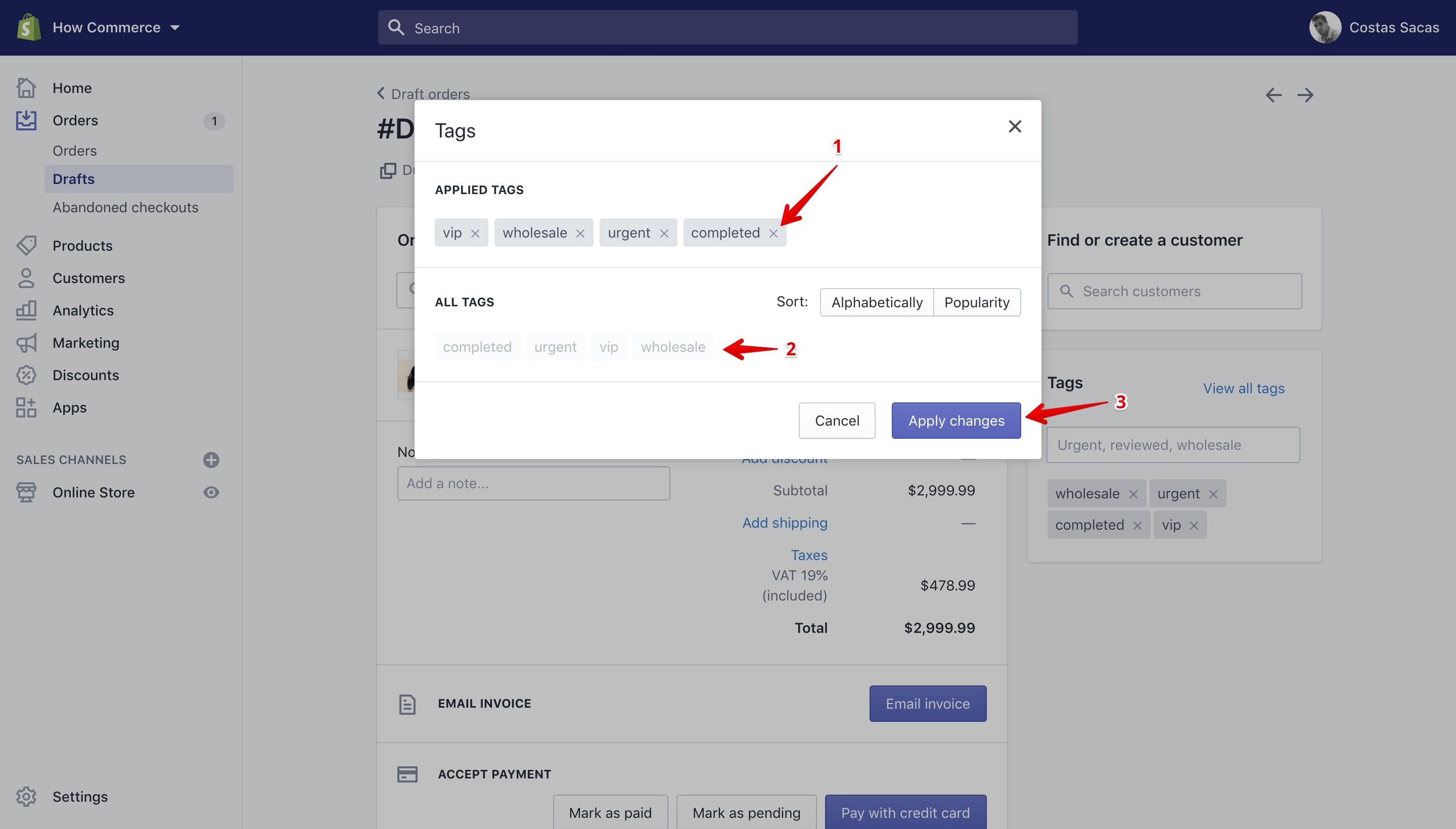 Edit tags pop-up on the draft order details page.