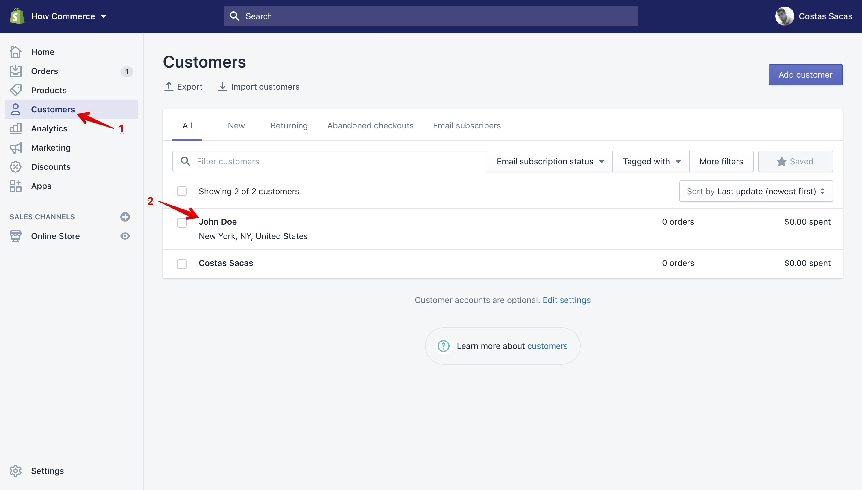 Customer details page path on Shopify.