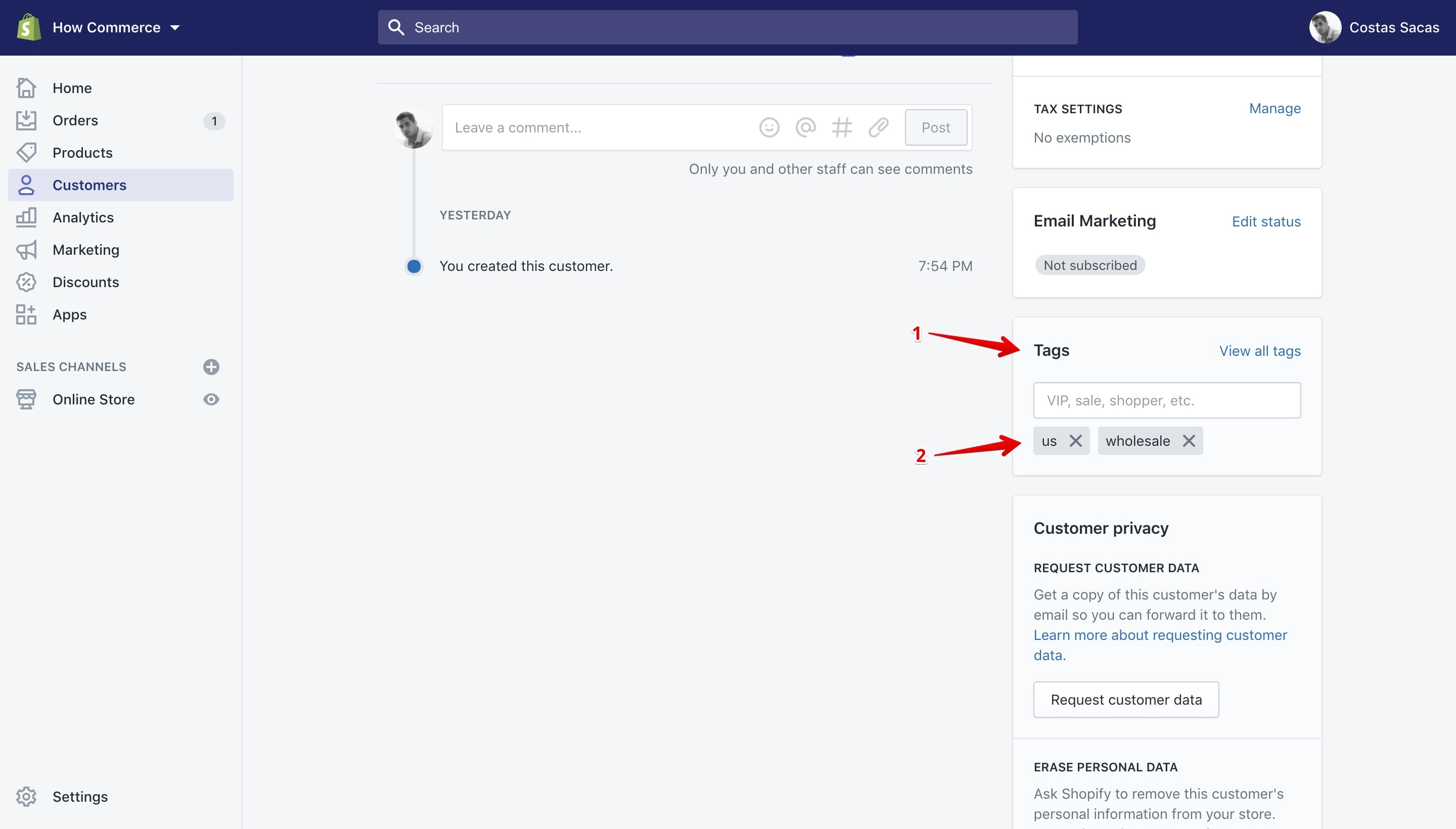 Shopify tags section on the customer details page.