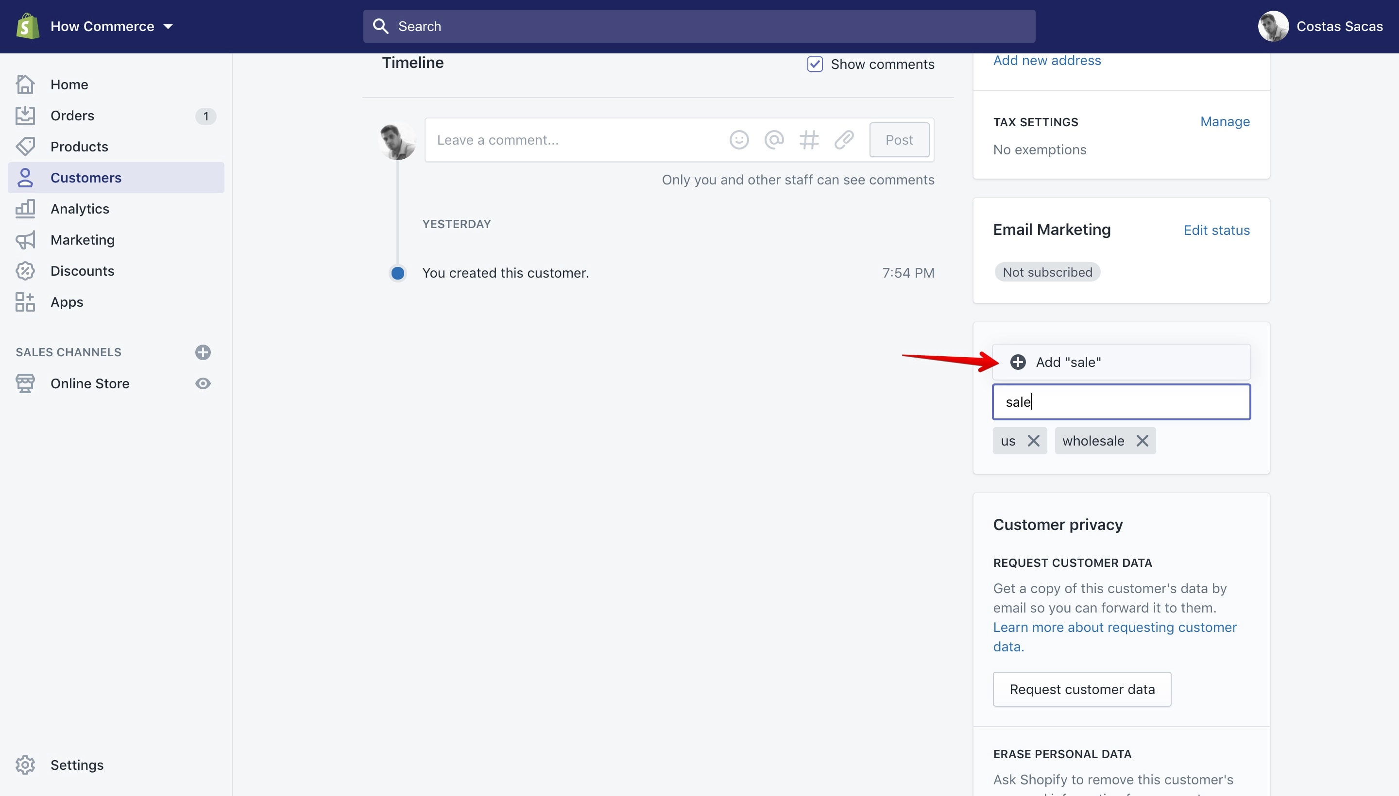 Add a new tag on the customer details page.