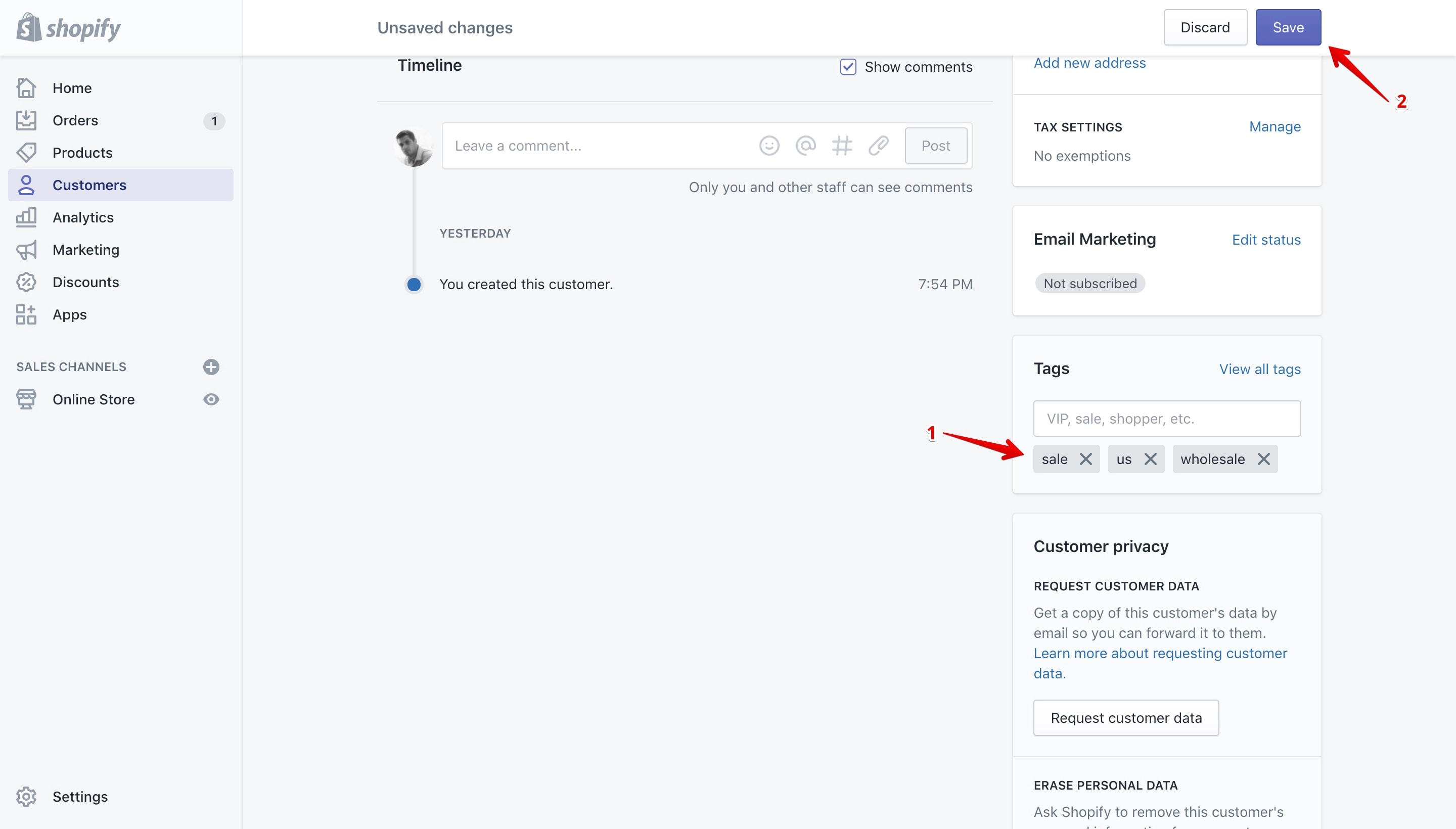Save the newly added customer tag.
