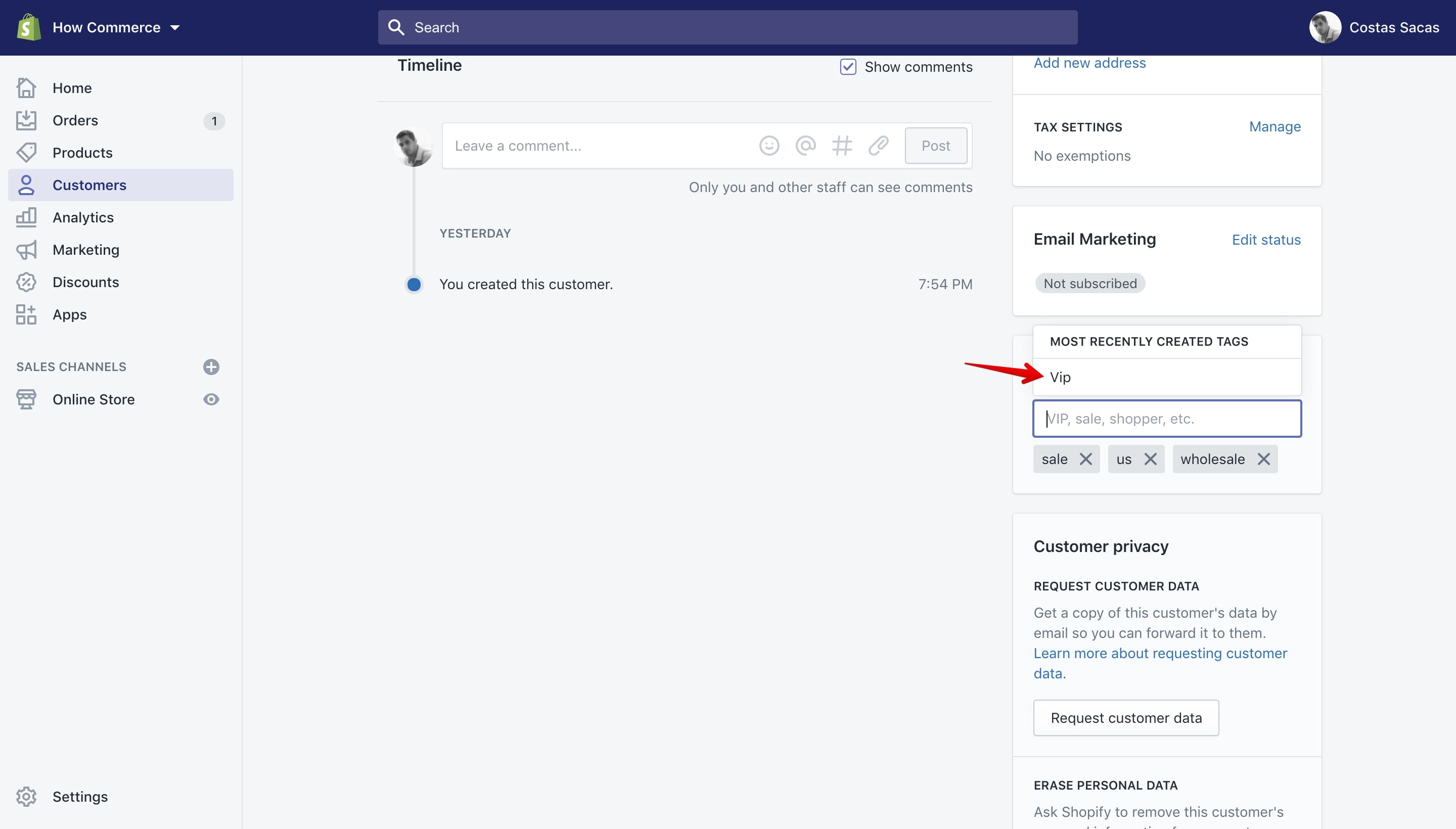 The Most recently created tags pop-up on the customer account page.