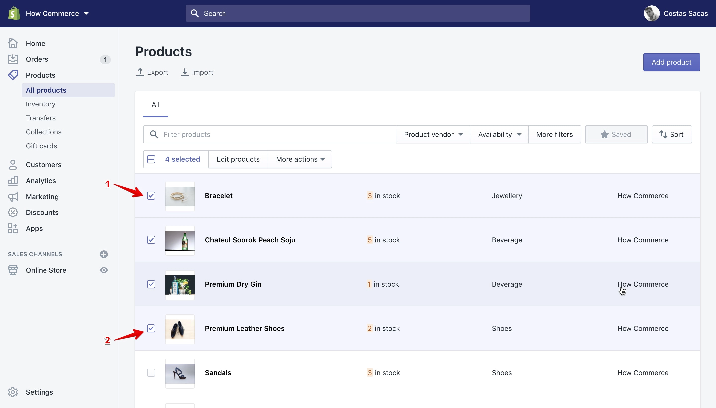 Select a range of items in the Shopify dashboard.