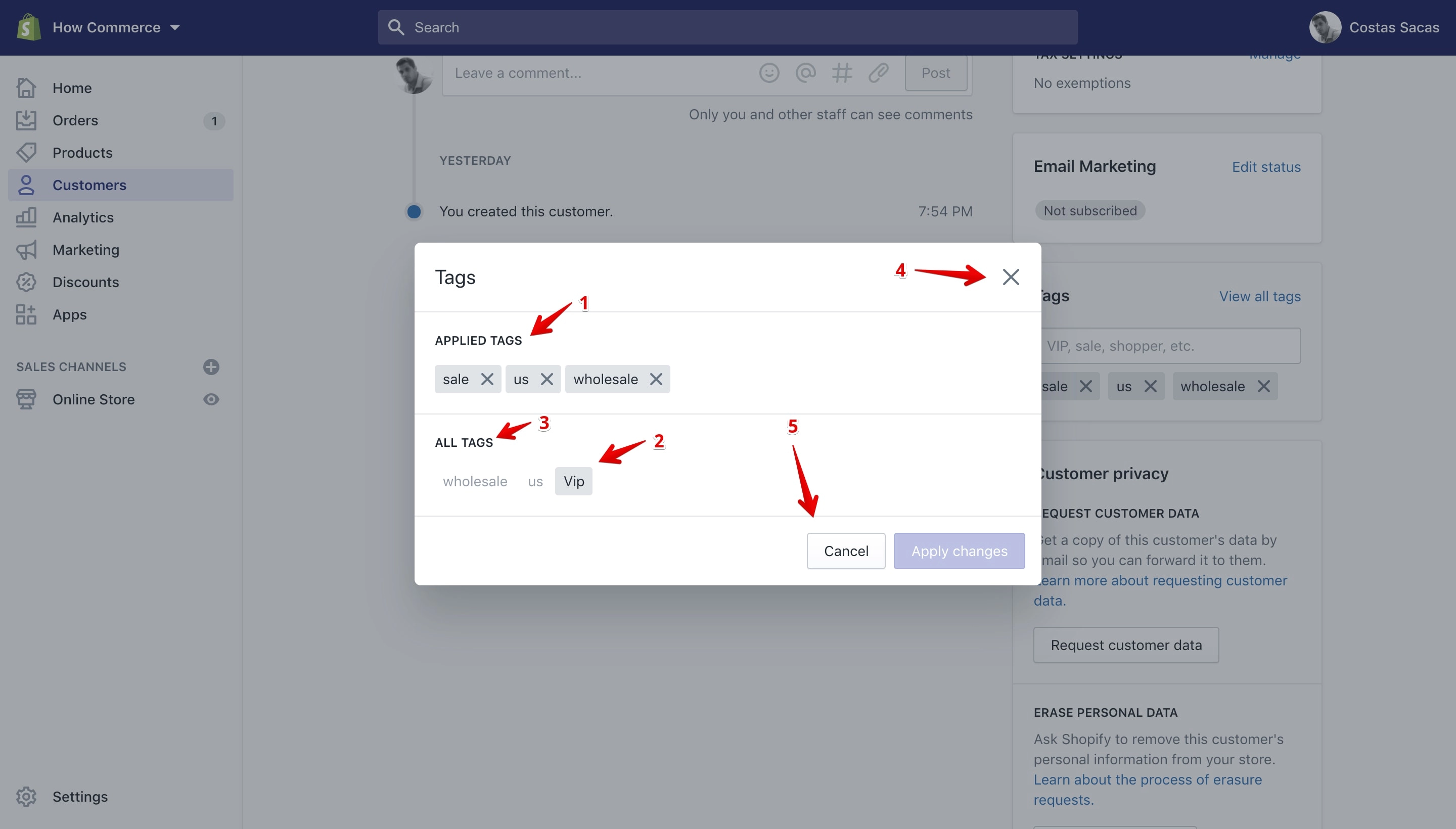 The edit tags pop-upon the customer details page.