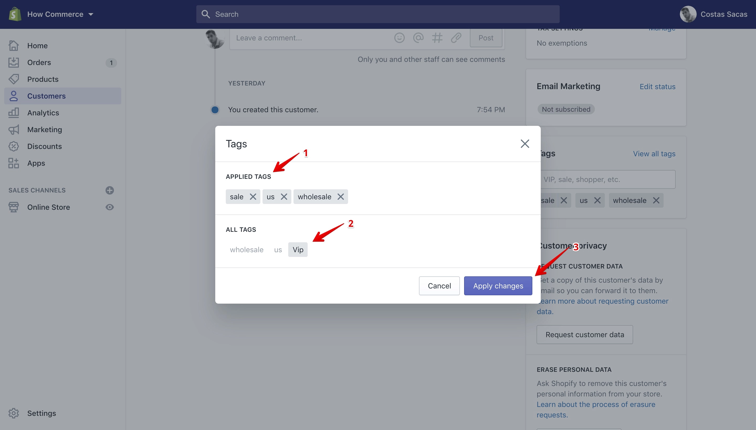 The edit tags pop-up on the customer details page.