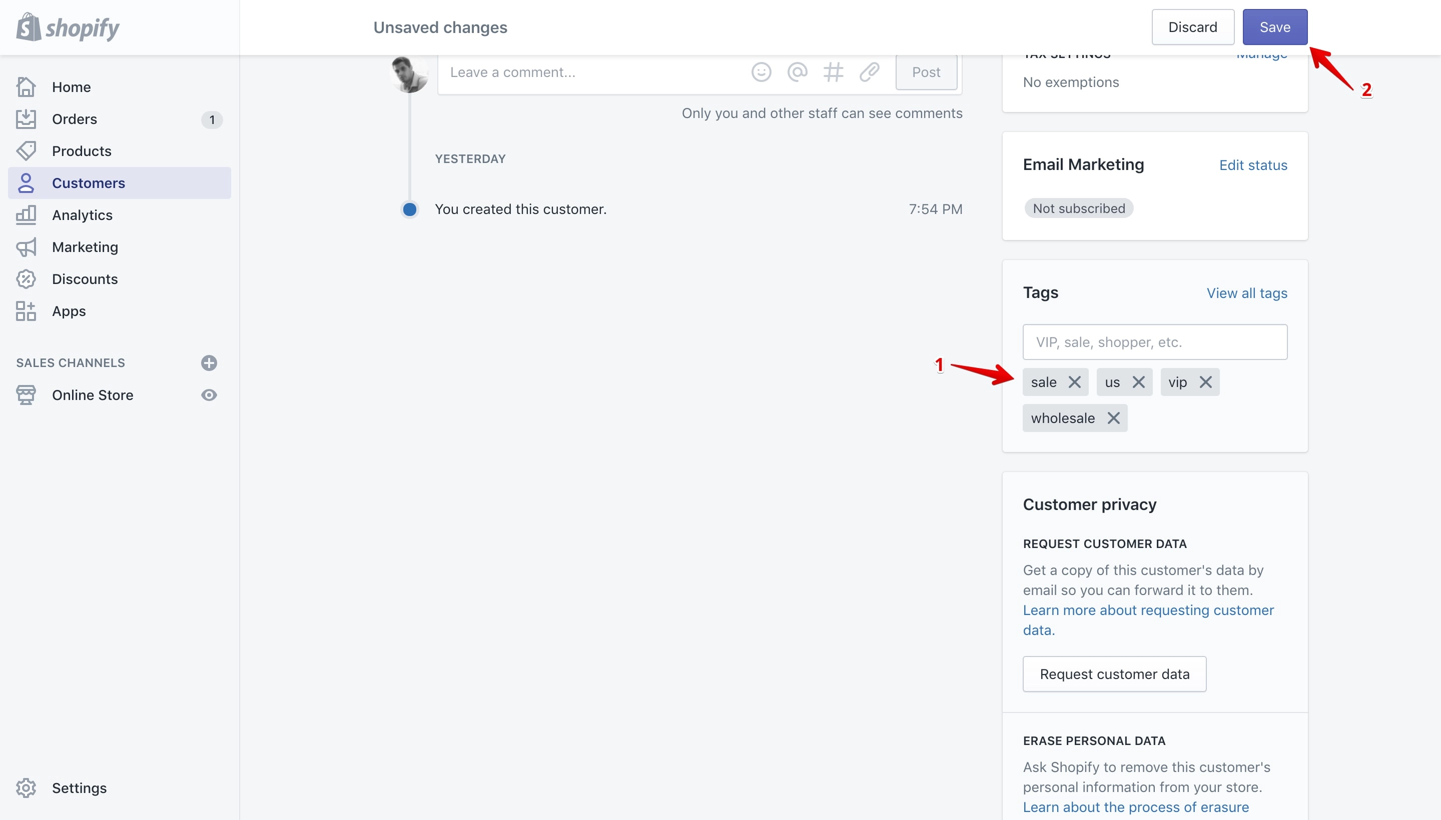 Save the new tag on the customer details page.