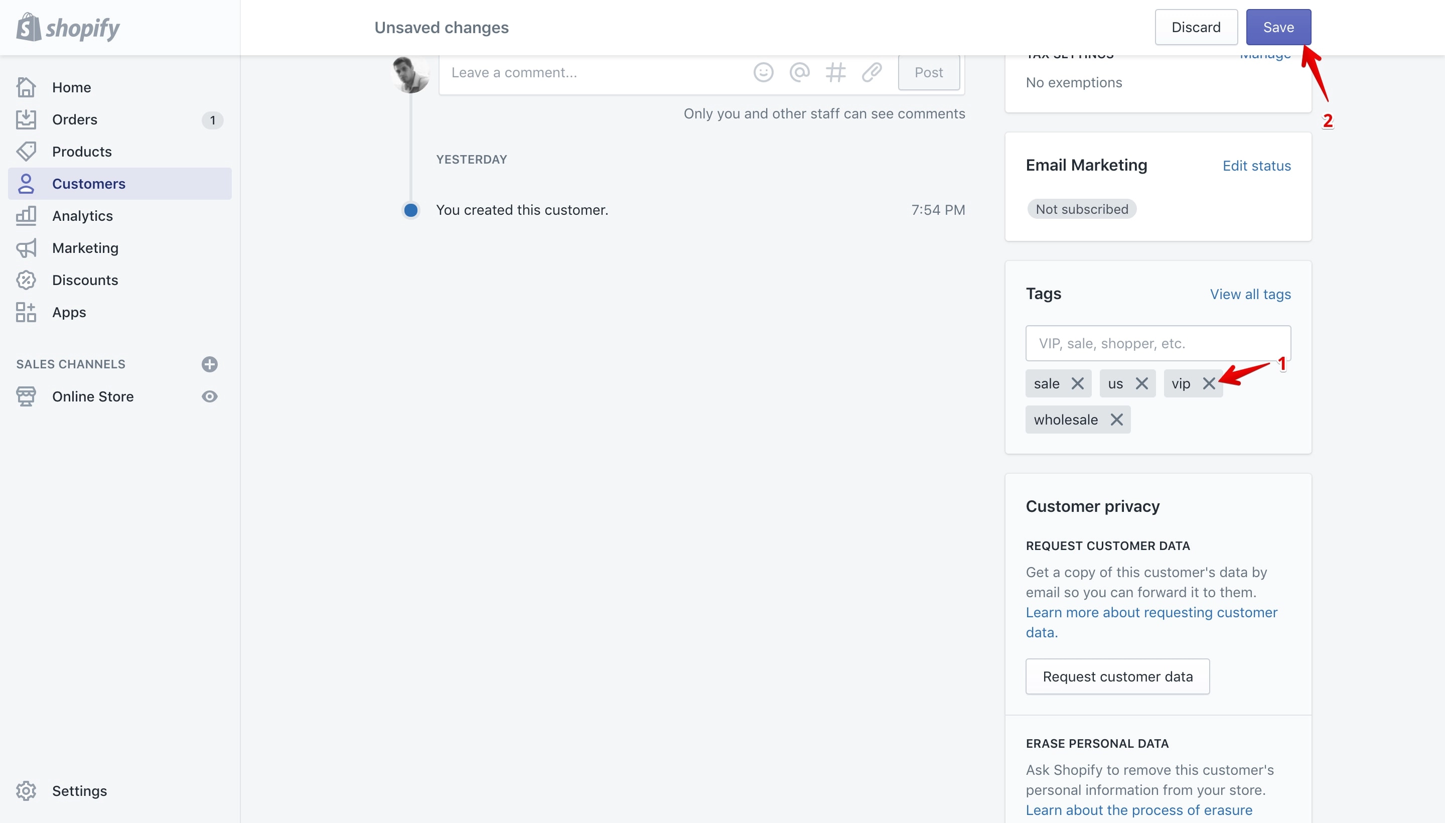 Remove tags from the Tags section on the customer details page.